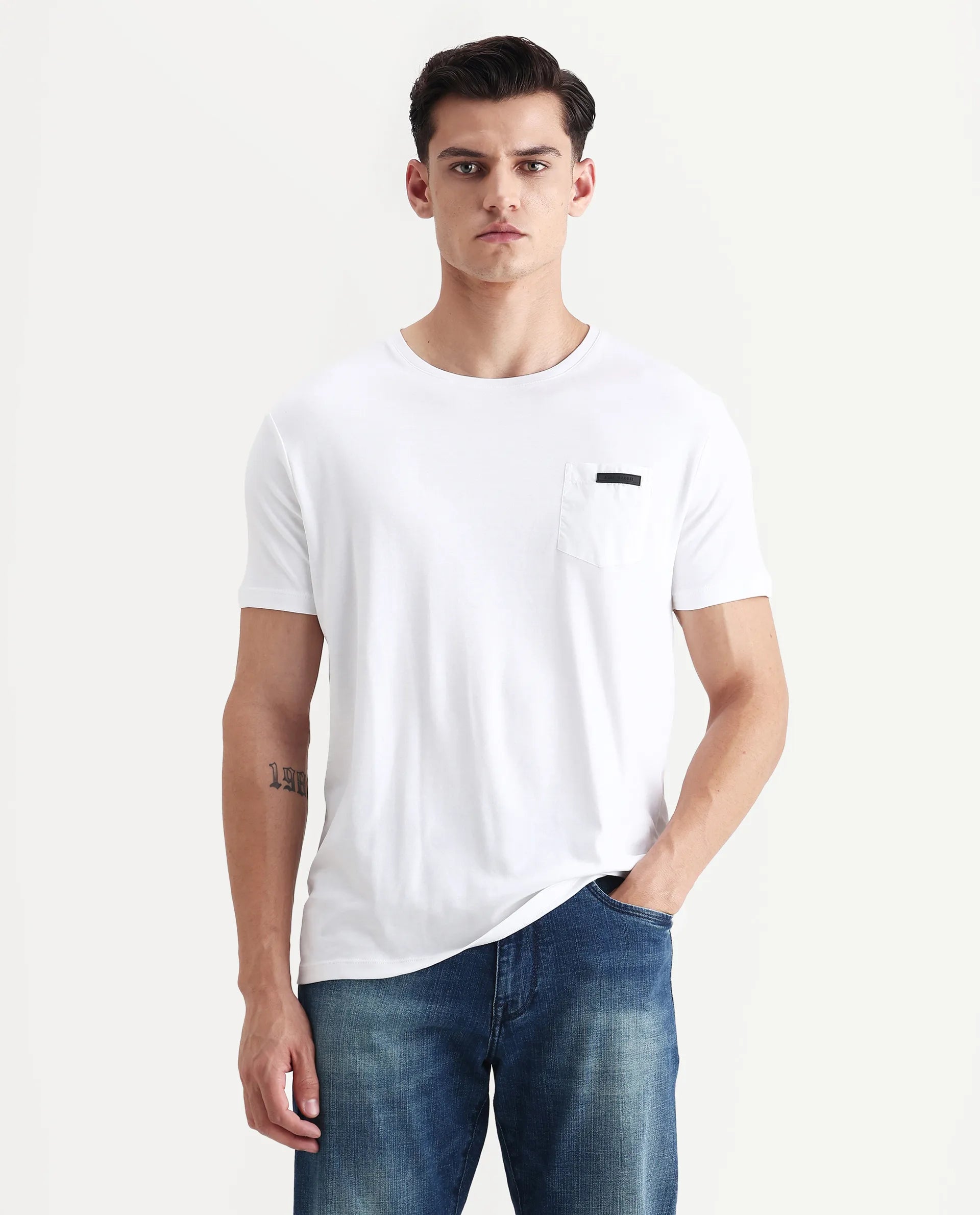 Rare Rabbit Men's Azul White Cotton Plain Slim Fit Half Sleeve Crew Neck T-Shirt