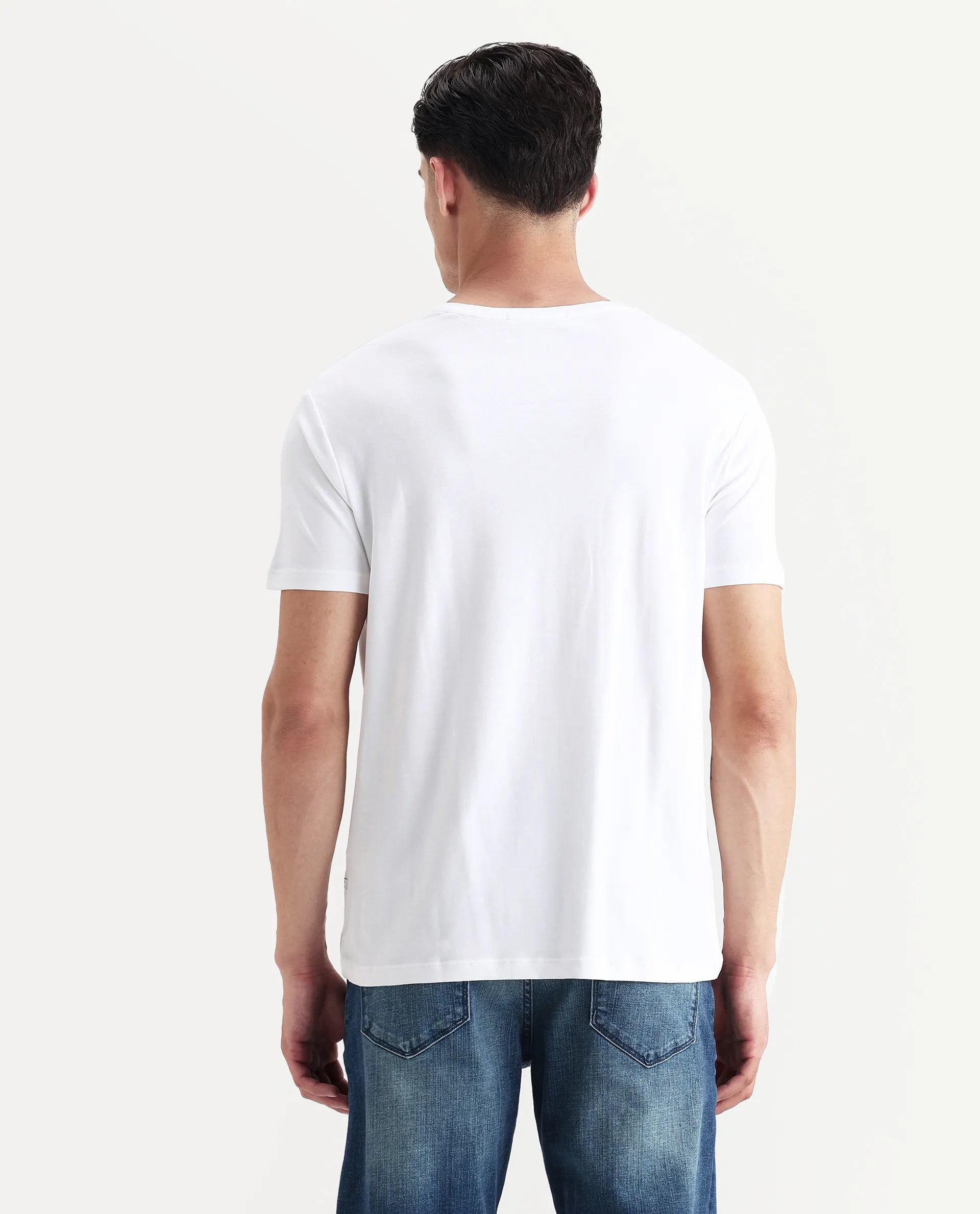 Rare Rabbit Men's Azul White Cotton Plain Slim Fit Half Sleeve Crew Neck T-Shirt