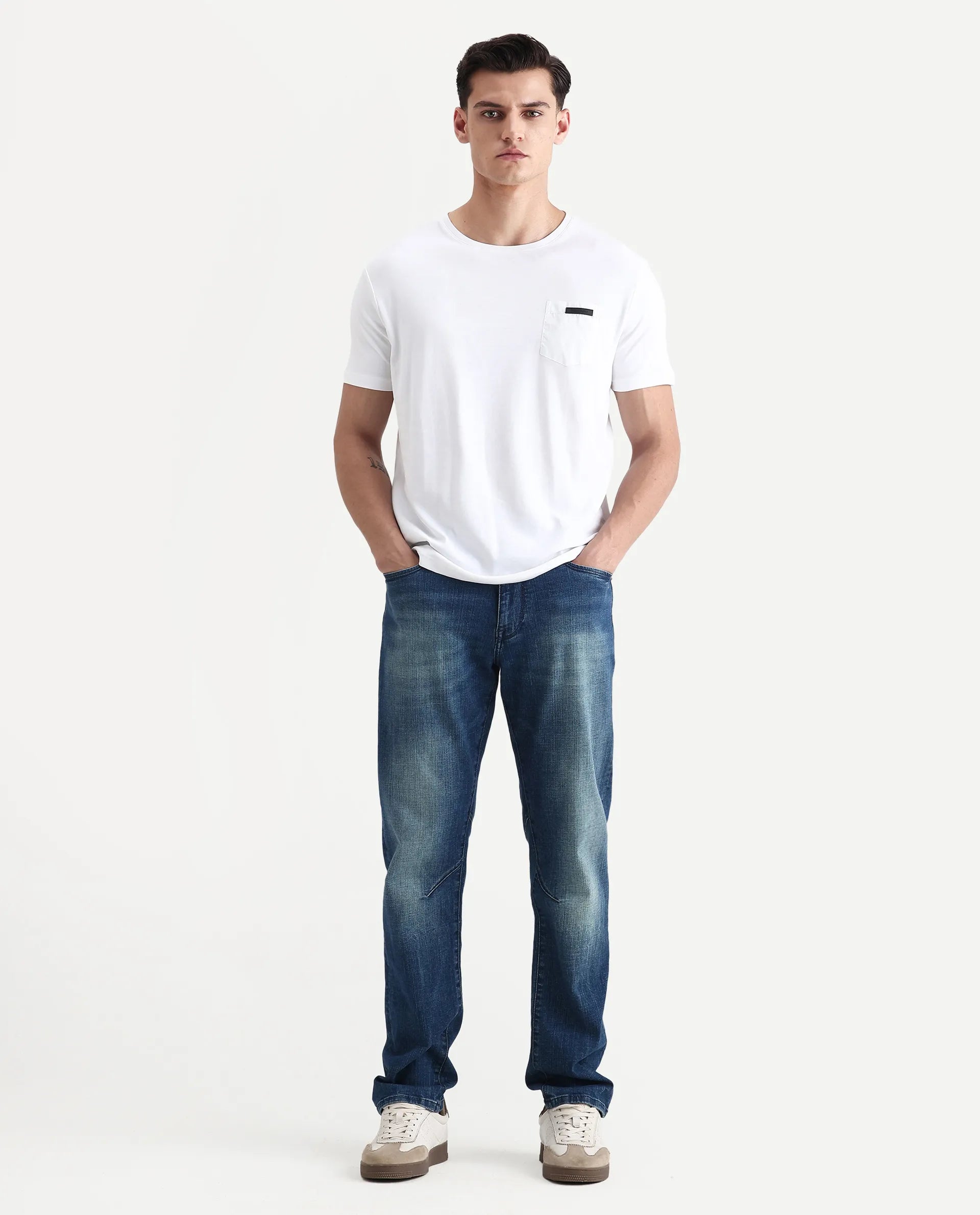 Rare Rabbit Men's Azul White Cotton Plain Slim Fit Half Sleeve Crew Neck T-Shirt