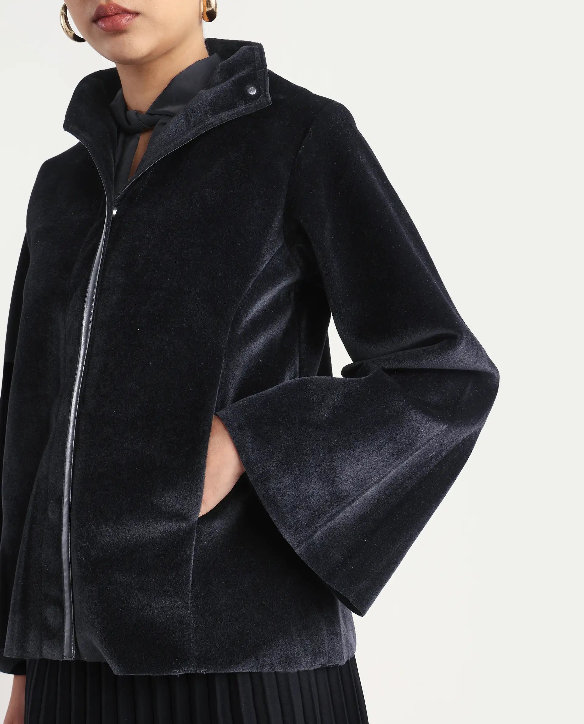 Rareism Women's Kraus Black Polyester High Neck Plain Bell Sleeve Regular Fit Jacket