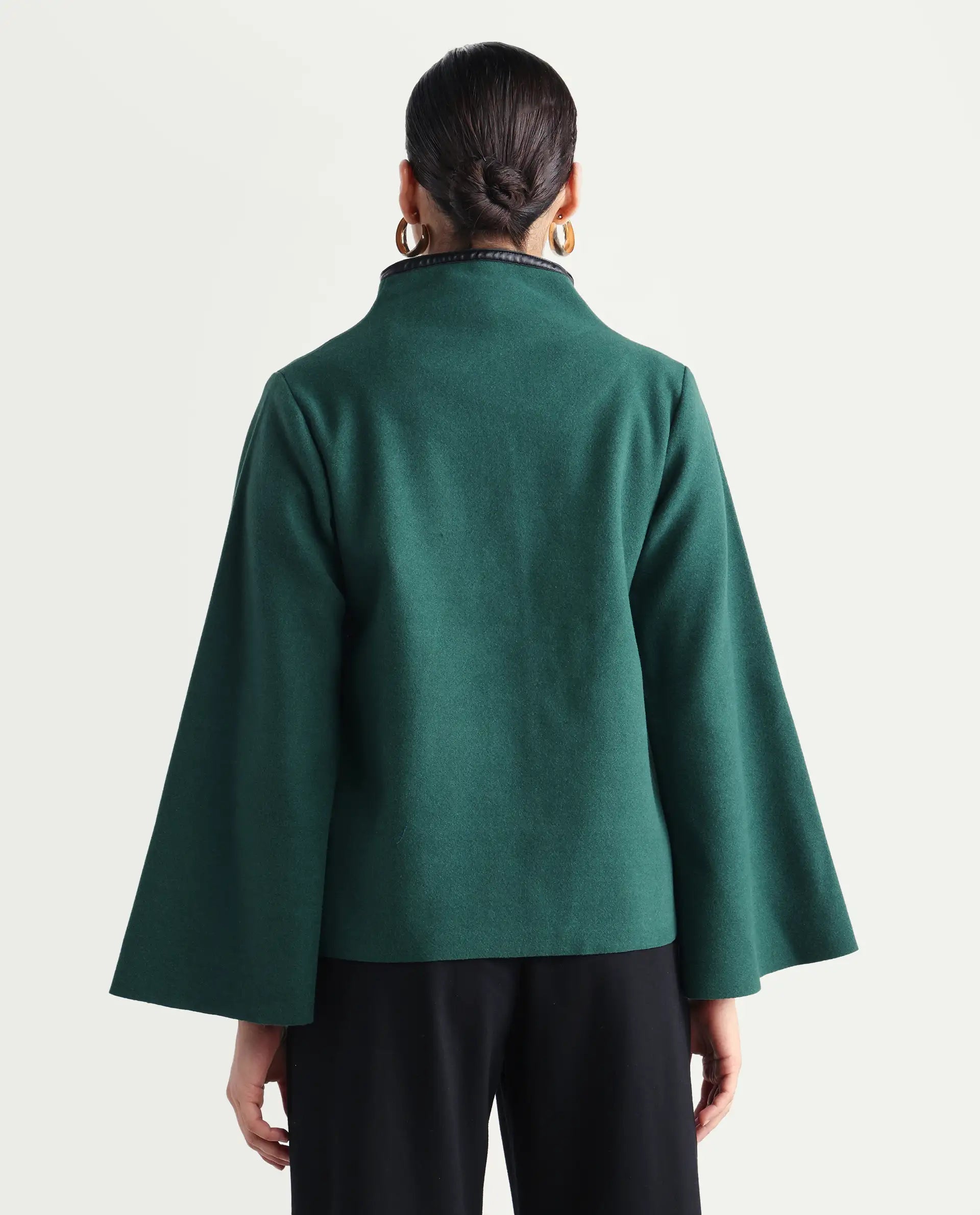 Rareism Women's Kraus Green Polyester High Neck Plain Bell Sleeve Regular Fit Jacket