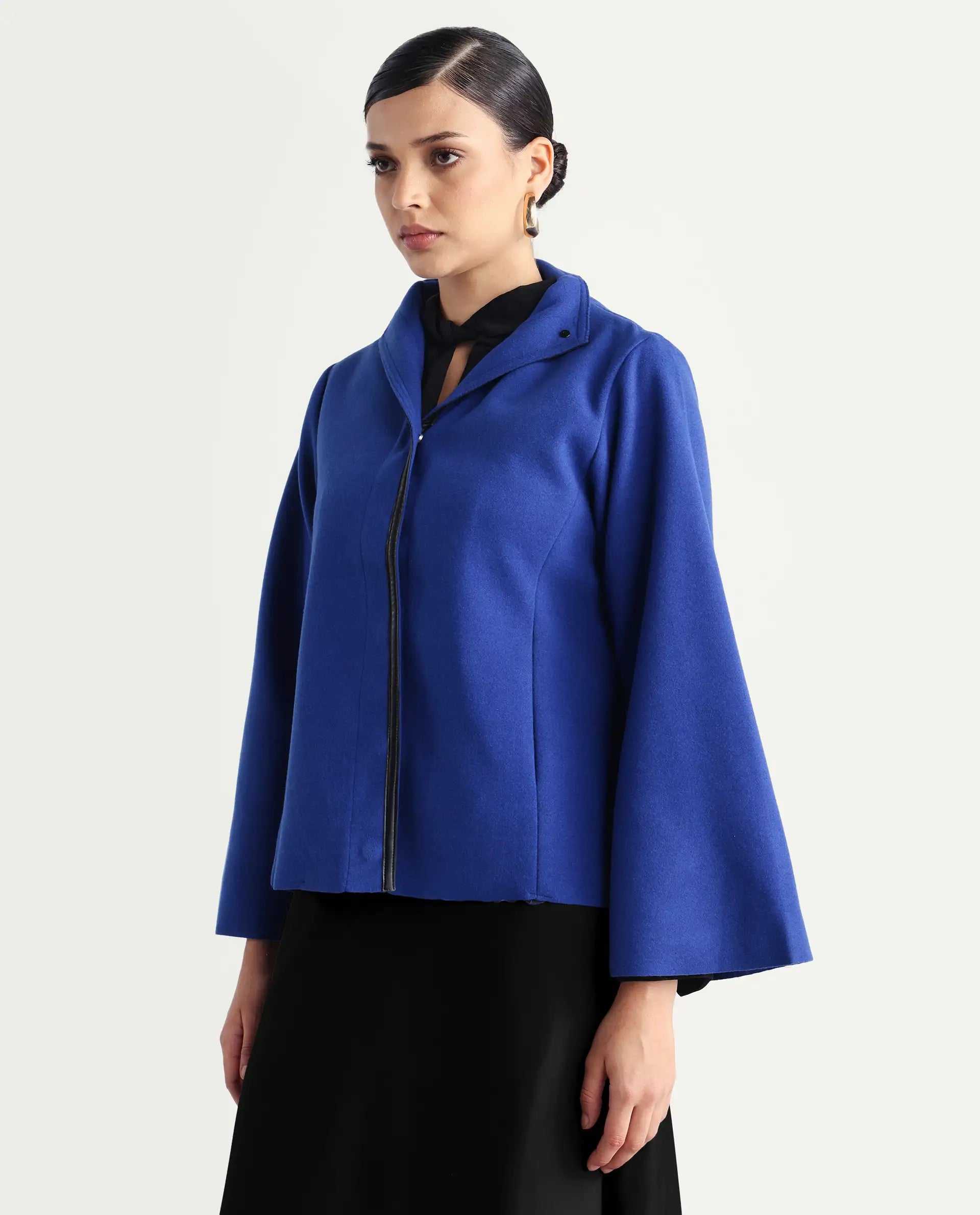 Rareism Women's Kraus Blue Polyester High Neck Plain Bell Sleeve Regular Fit Jacket