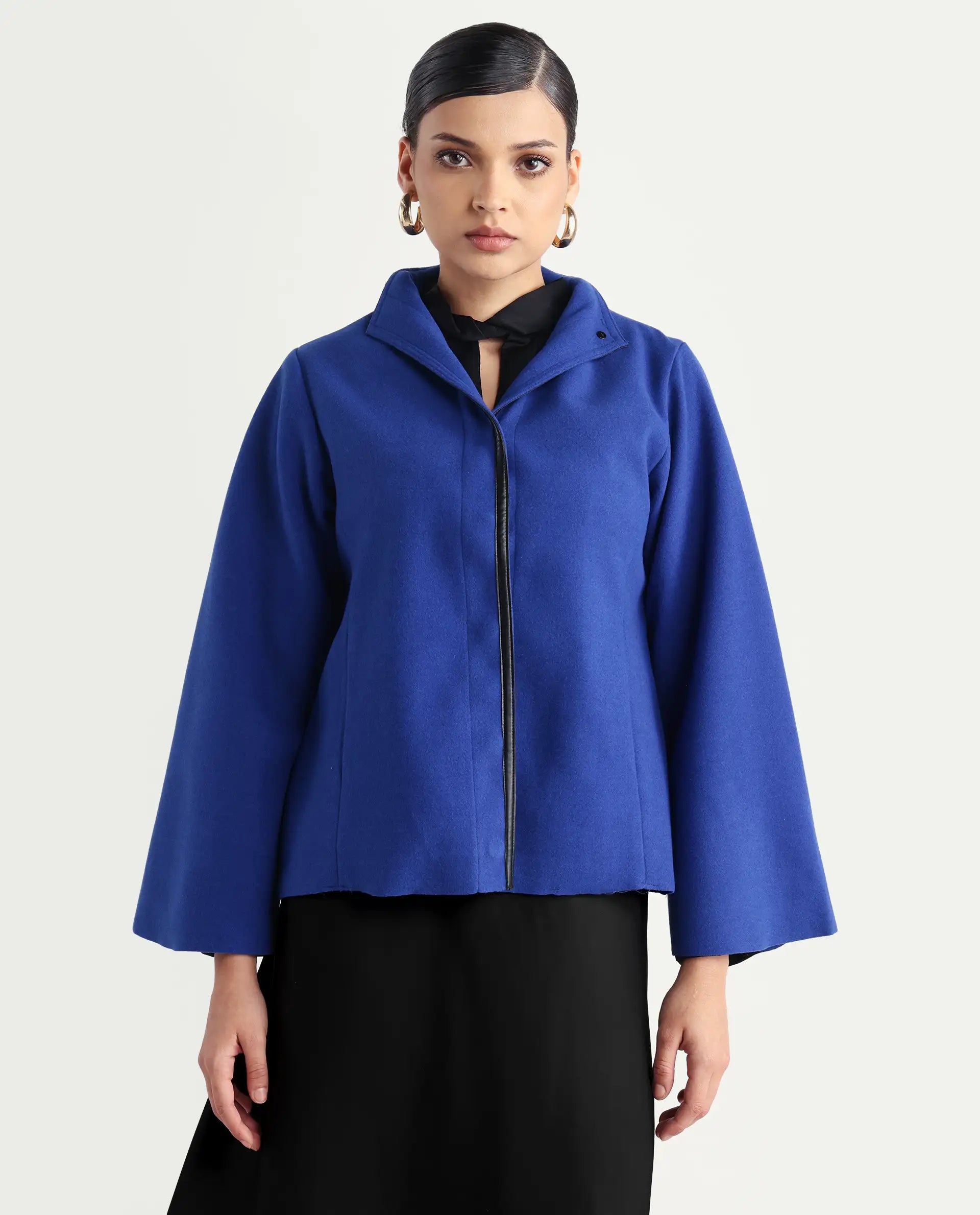 Rareism Women's Kraus Blue Polyester High Neck Plain Bell Sleeve Regular Fit Jacket