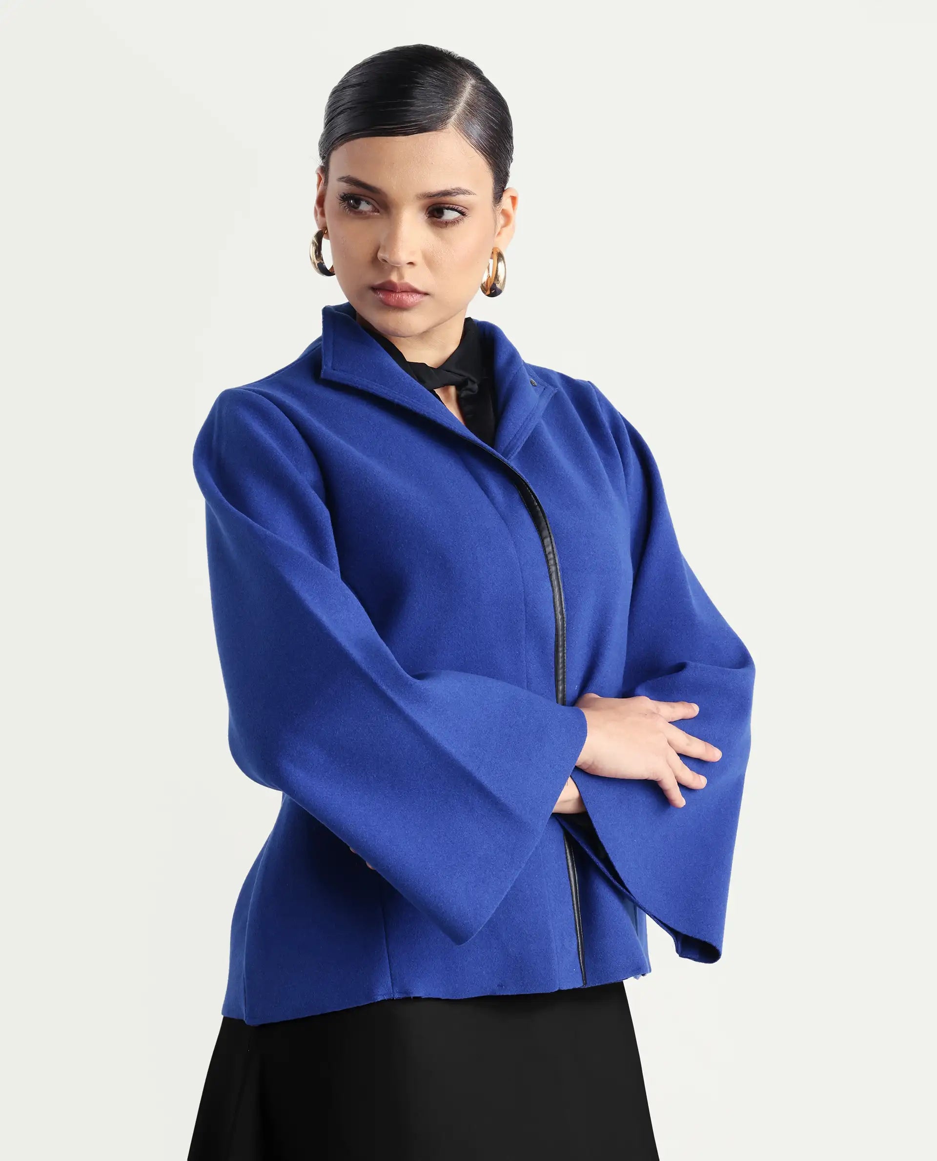 Rareism Women's Kraus Blue Polyester High Neck Plain Bell Sleeve Regular Fit Jacket