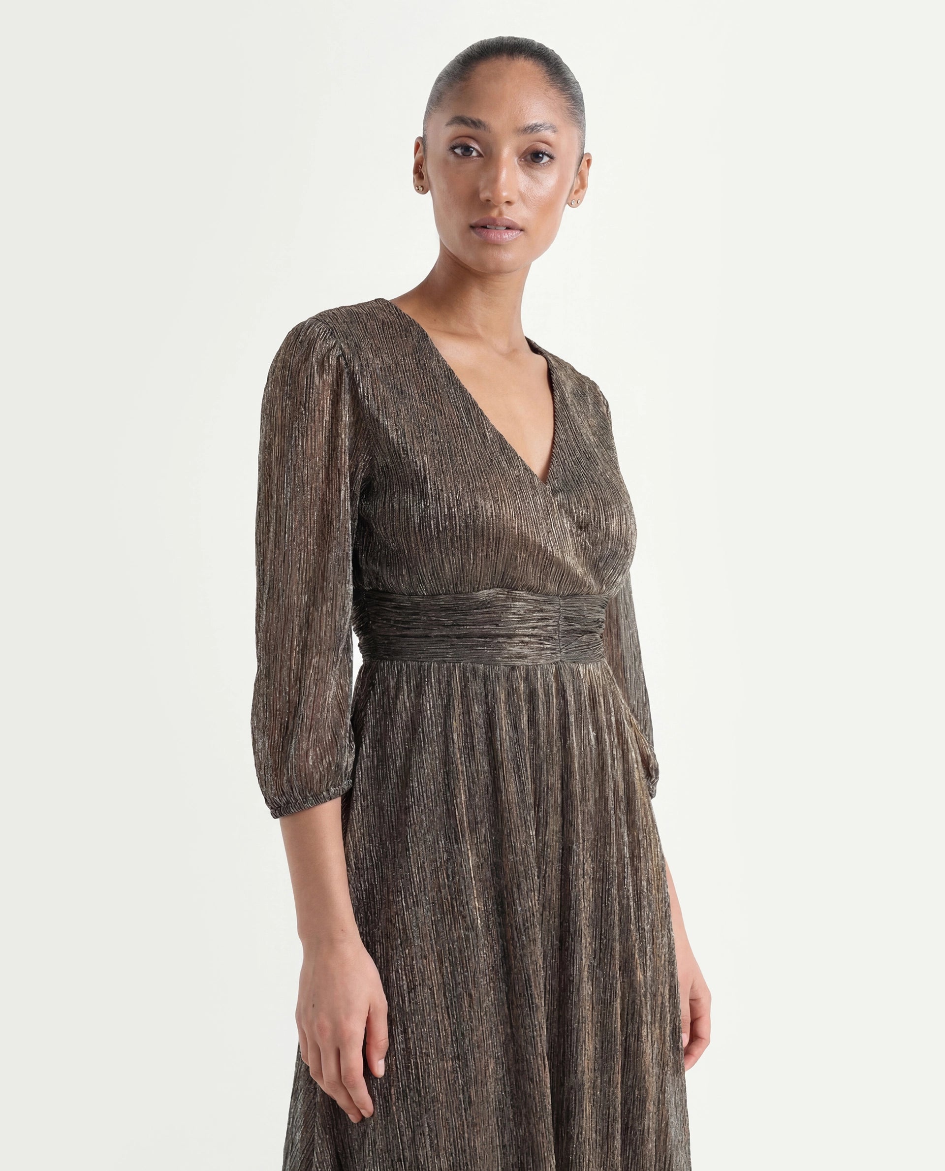 Rareism Women's Daso Metalic Gold Polyester Overlap Neck Shimmer Balloon Sleeve Midi Fit And Flare Dress