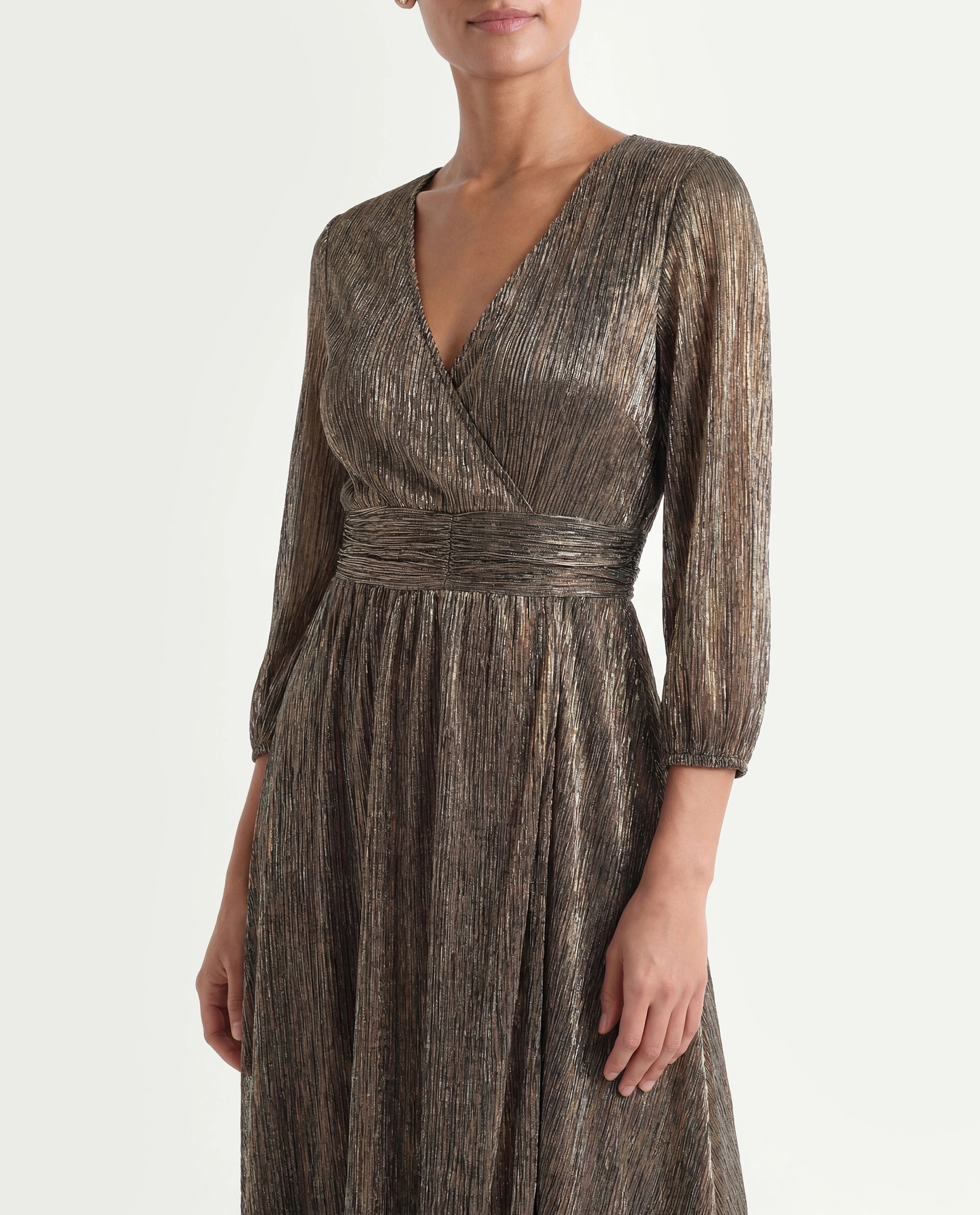 Rareism Women's Daso Metalic Gold Polyester Overlap Neck Shimmer Balloon Sleeve Midi Fit And Flare Dress