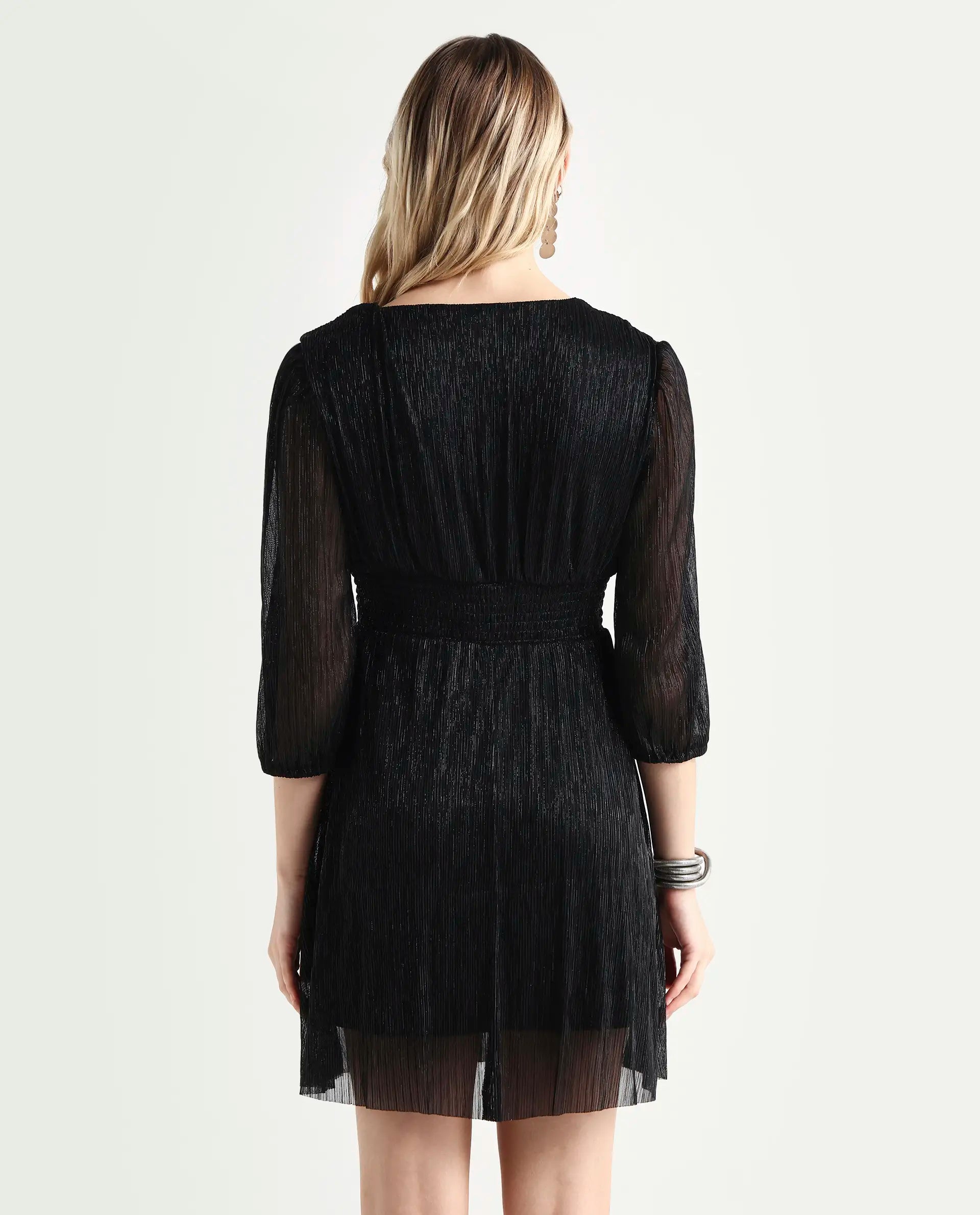 Rareism Women's Ravin Metalic Black Polyester Collarless Floral Print Balloon Sleeve Mini Fit And Flare Dress