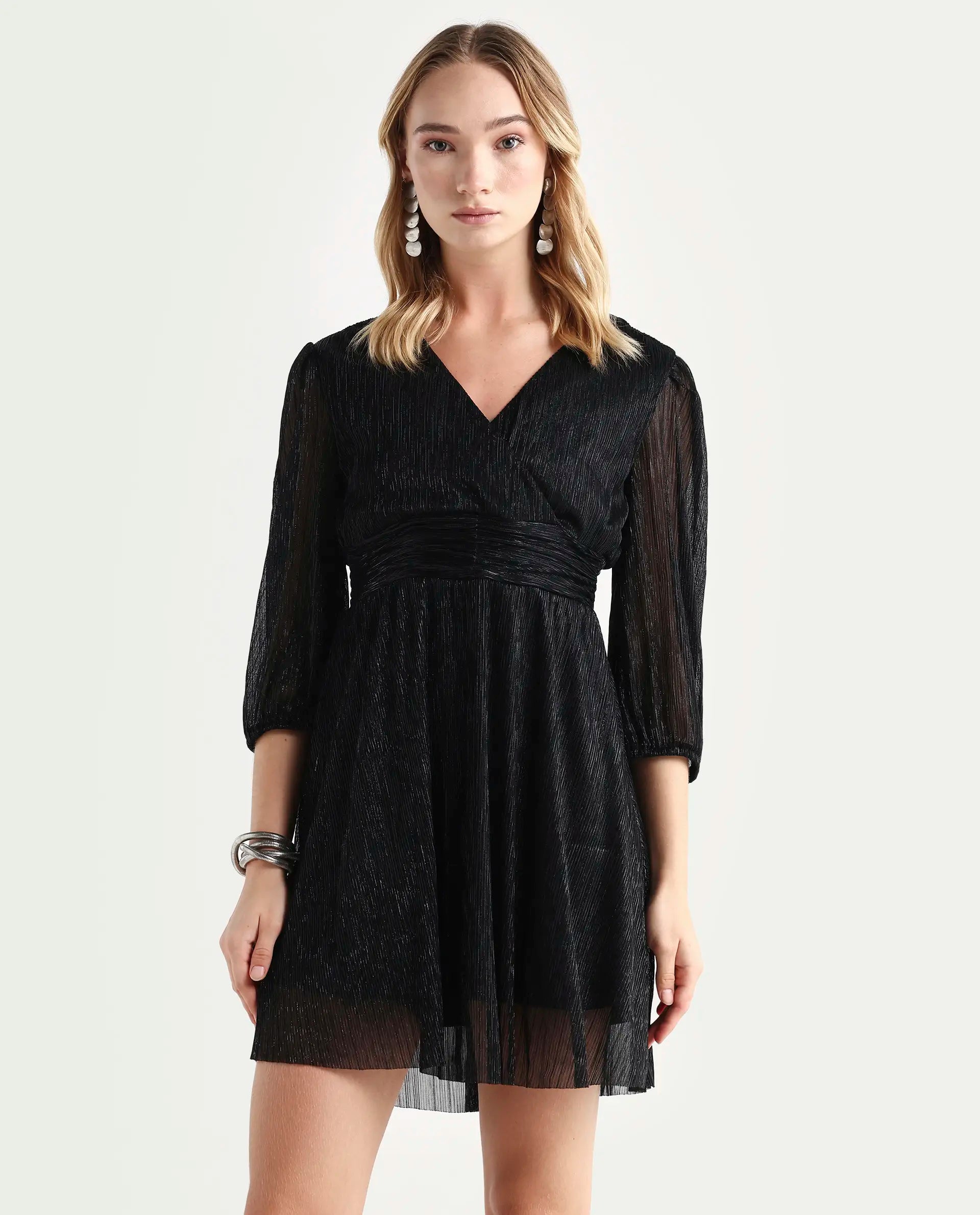 Rareism Women's Ravin Metalic Black Polyester Collarless Floral Print Balloon Sleeve Mini Fit And Flare Dress