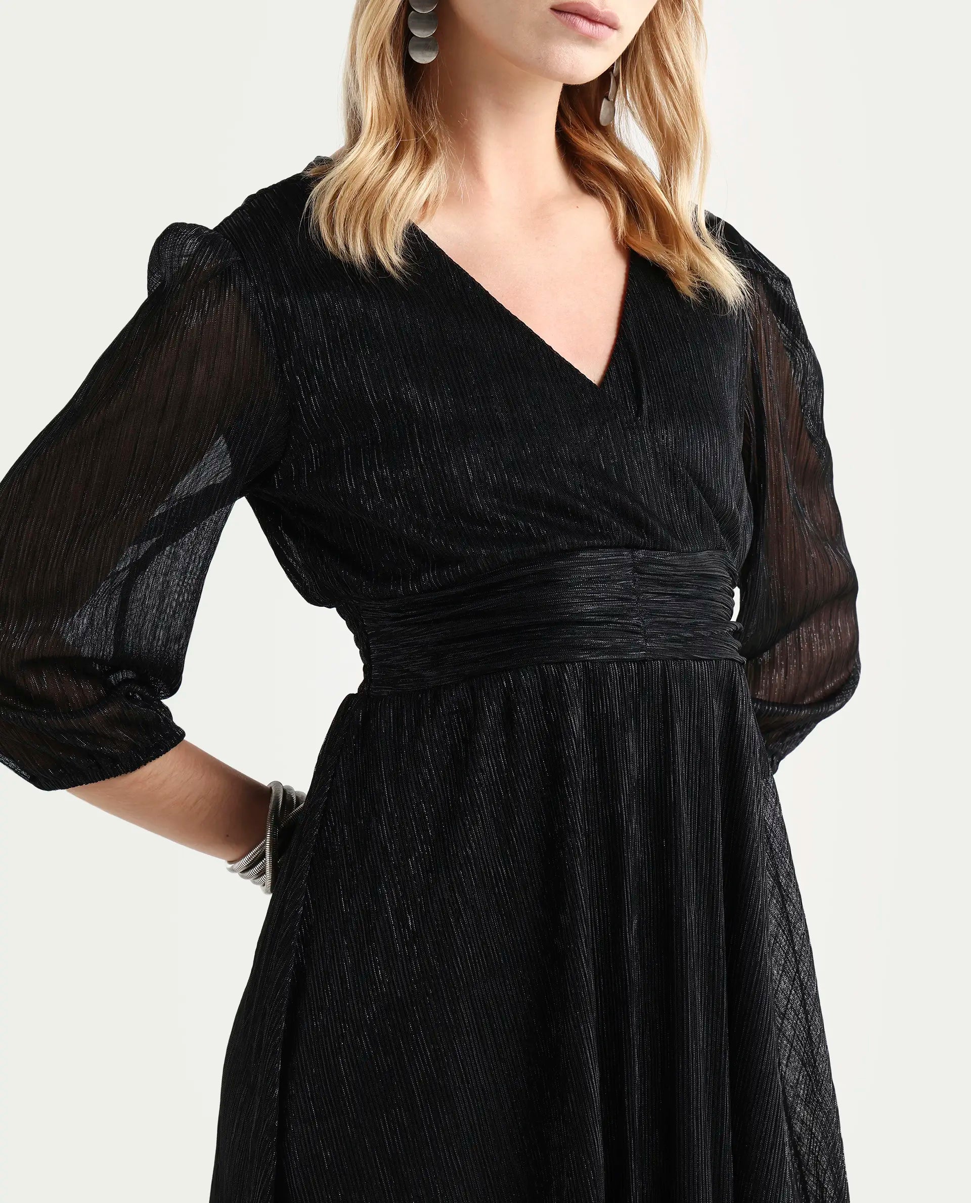 Rareism Women's Ravin Metalic Black Polyester Collarless Floral Print Balloon Sleeve Mini Fit And Flare Dress