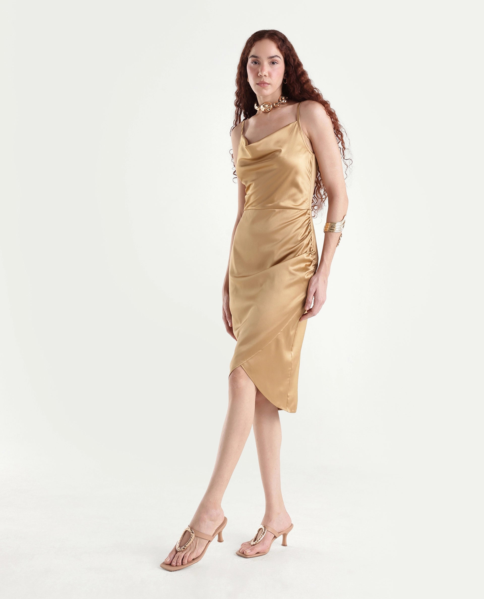 Rareism Women's Rilu Sheen Gold Polyester Blend Cowl Neck Plain Shoulder Strap Knee Length Regular Fit Dress
