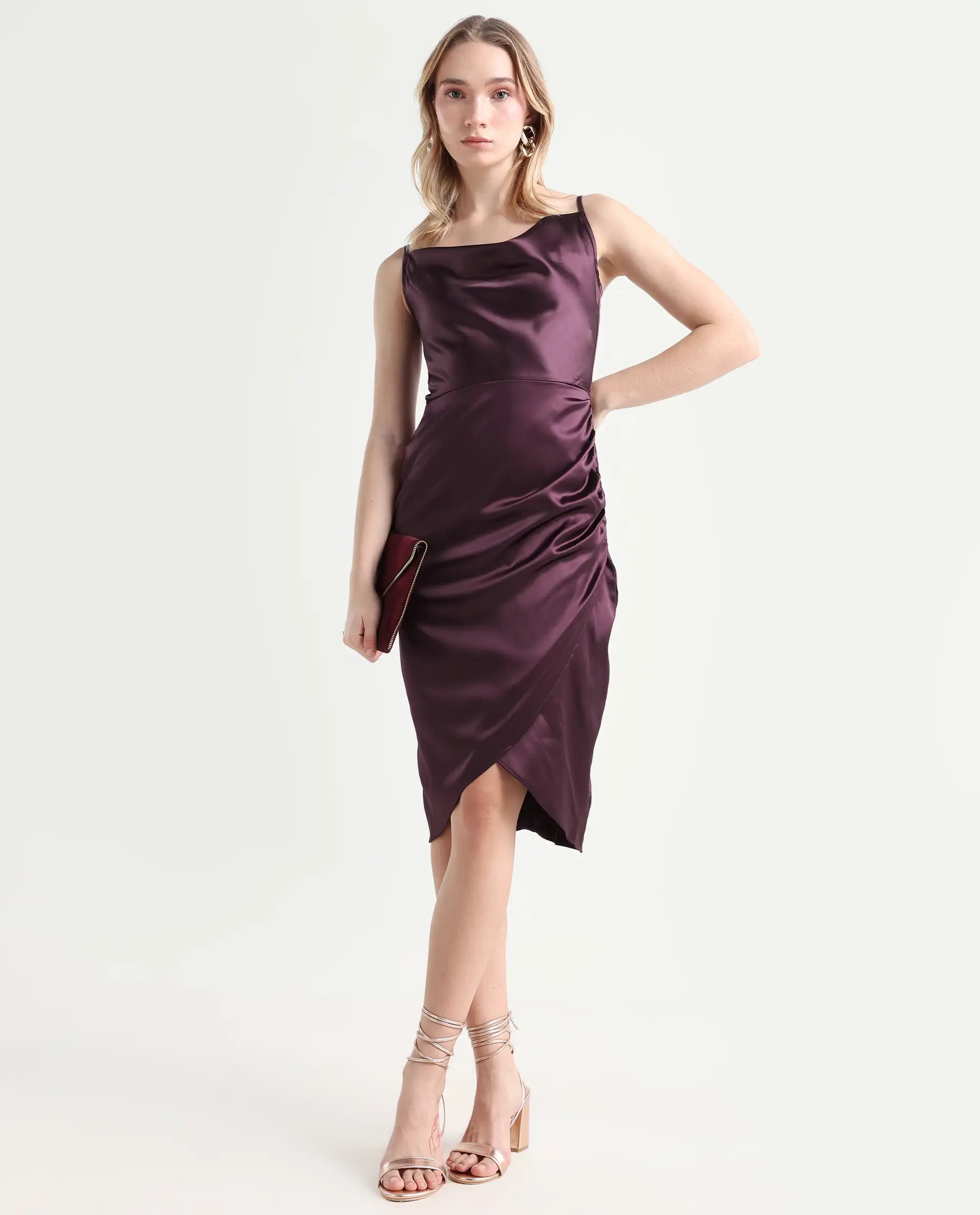 Rareism Women's Rilu Sheen Maroon Polyester Blend Cowl Neck Plain Shoulder Strap Knee Length Regular Fit Dress