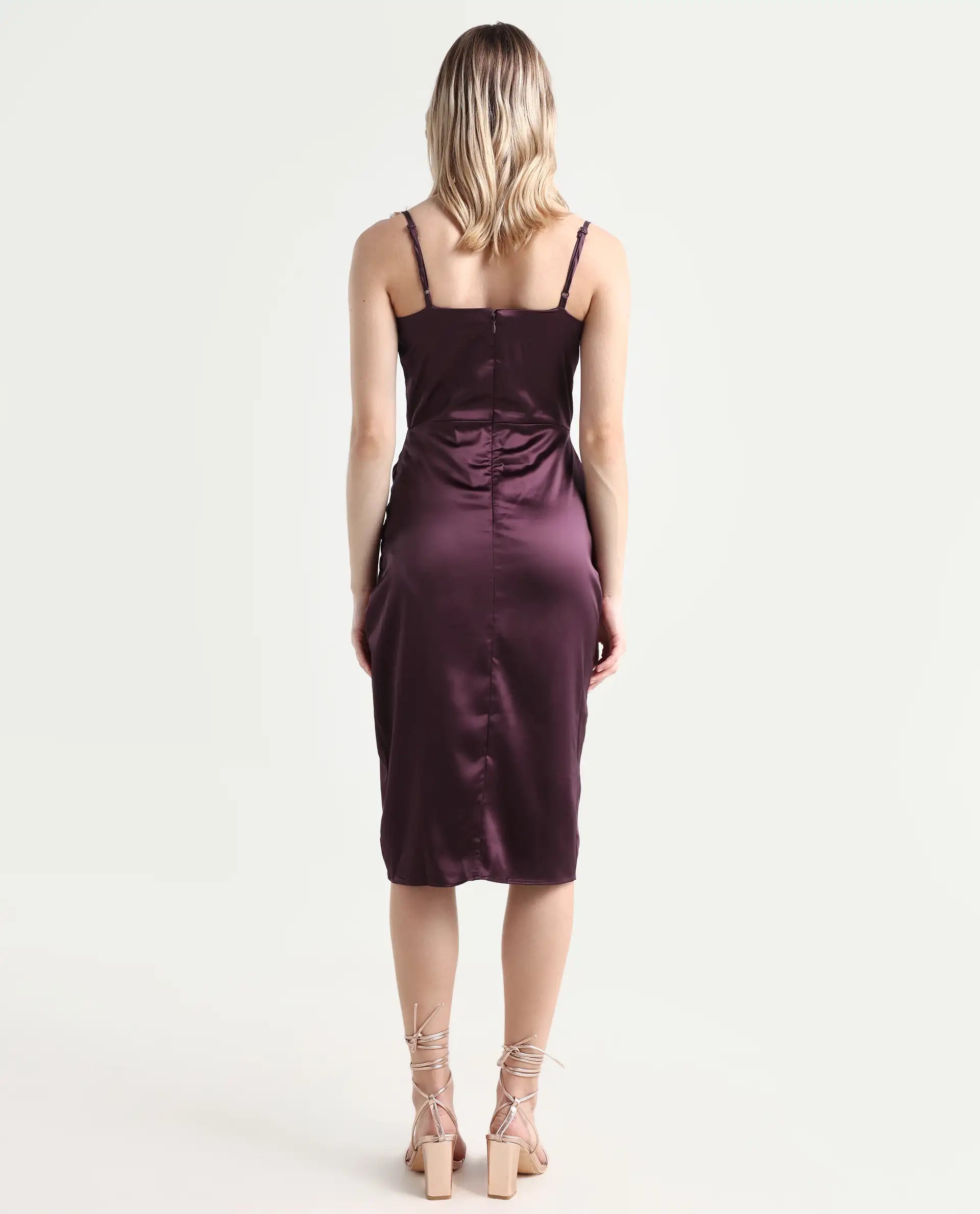 Rareism Women's Rilu Sheen Maroon Polyester Blend Cowl Neck Plain Shoulder Strap Knee Length Regular Fit Dress