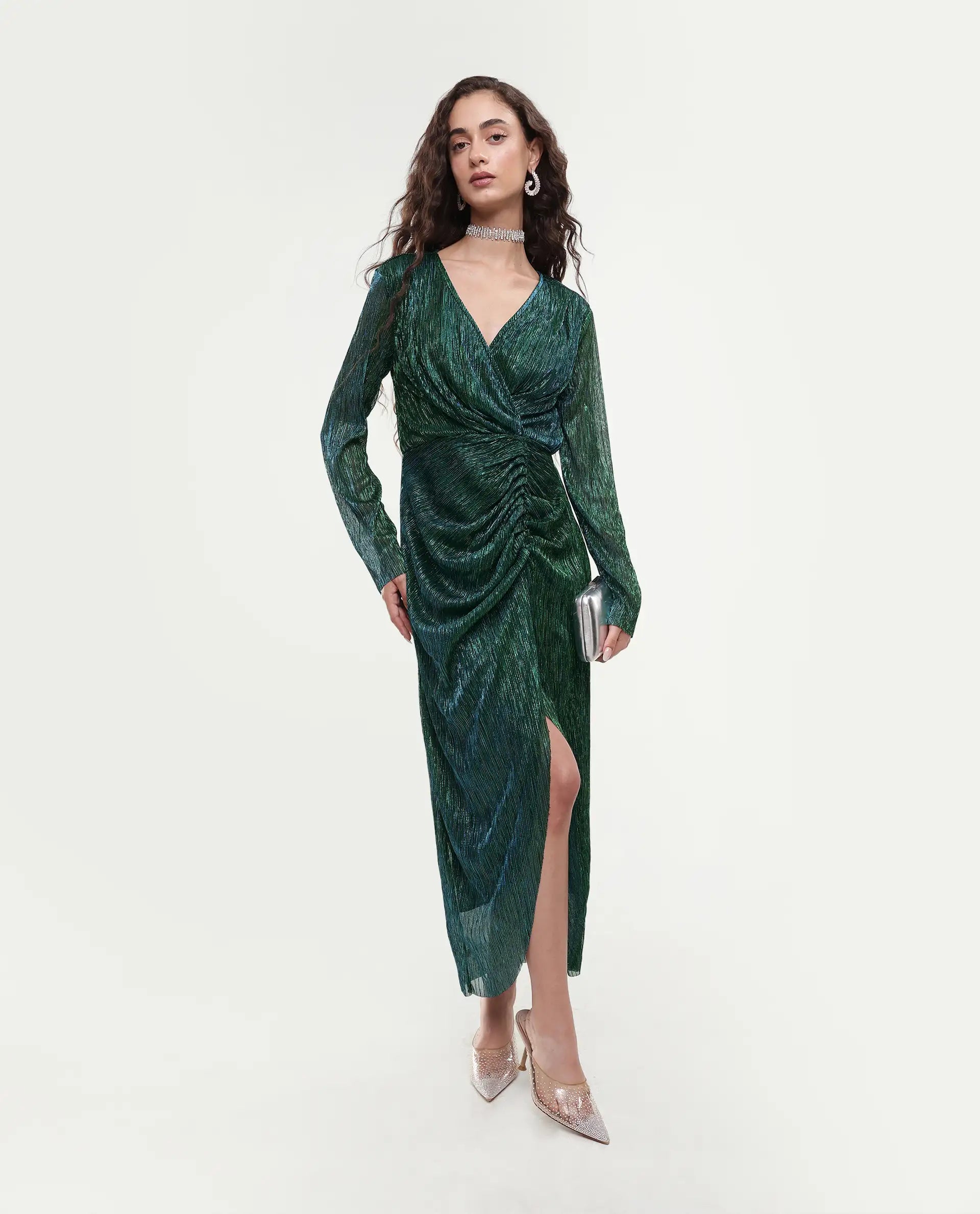 Rareism Women's Siga Metalic Green Polyester Blend V-Neck Shimmer Maxi Dress