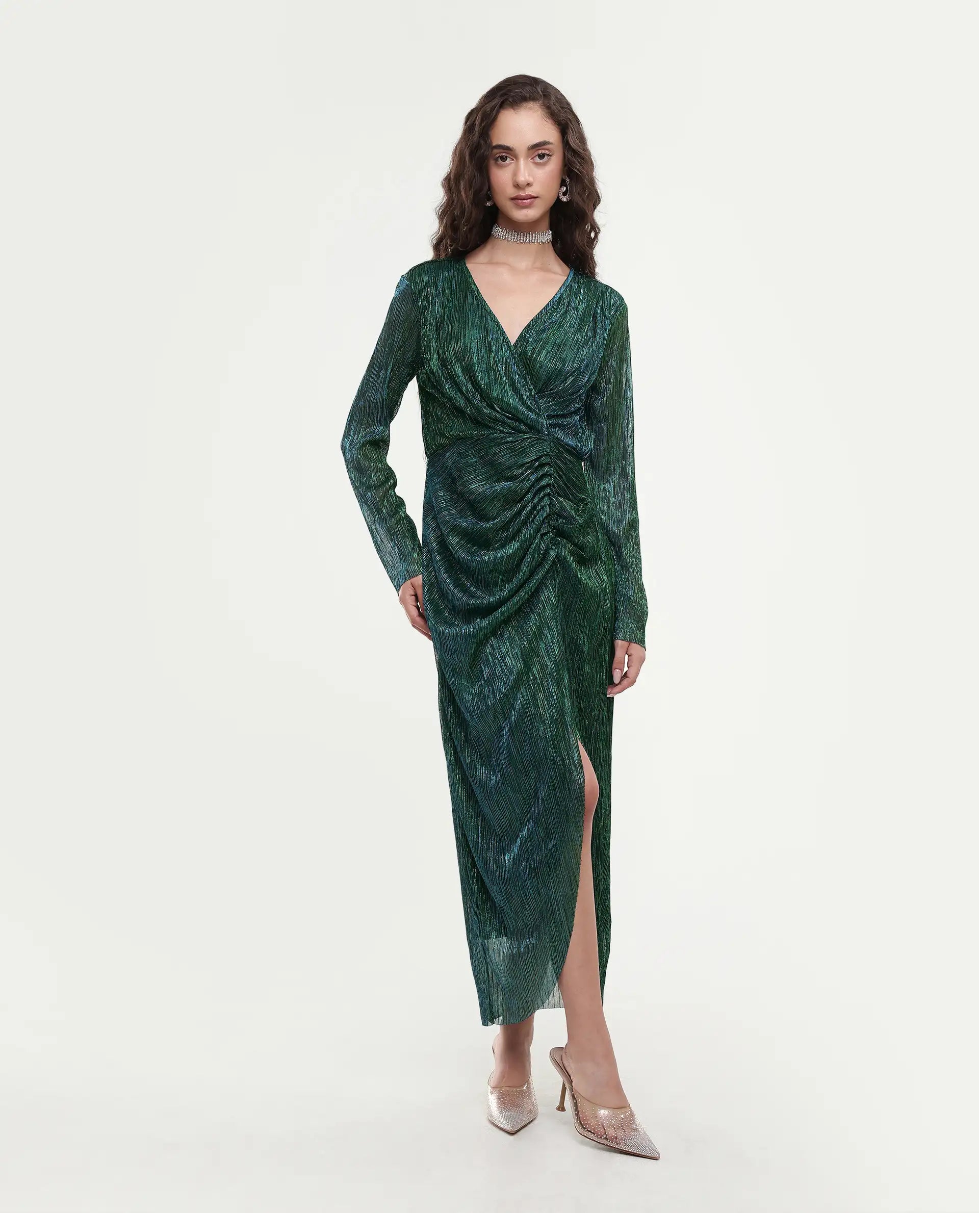 Rareism Women's Siga Metalic Green Polyester Blend V-Neck Shimmer Maxi Dress