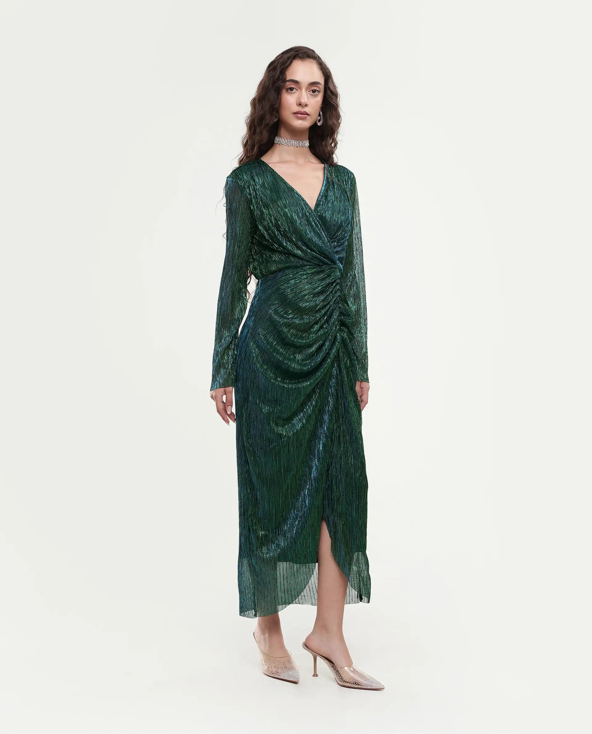 Rareism Women's Siga Metalic Green Polyester Blend V-Neck Shimmer Maxi Dress