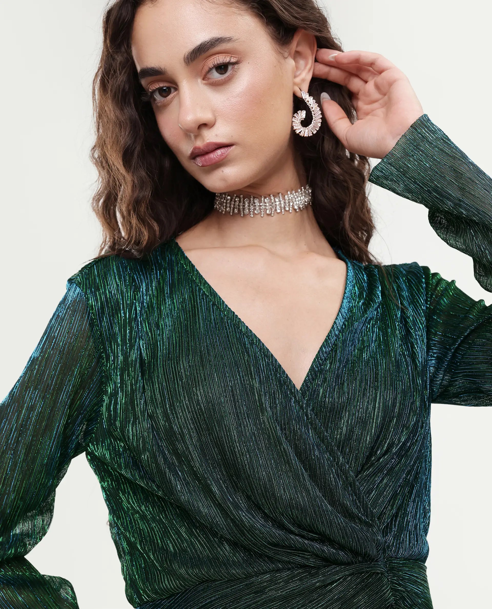 Rareism Women's Siga Metalic Green Polyester Blend V-Neck Shimmer Maxi Dress