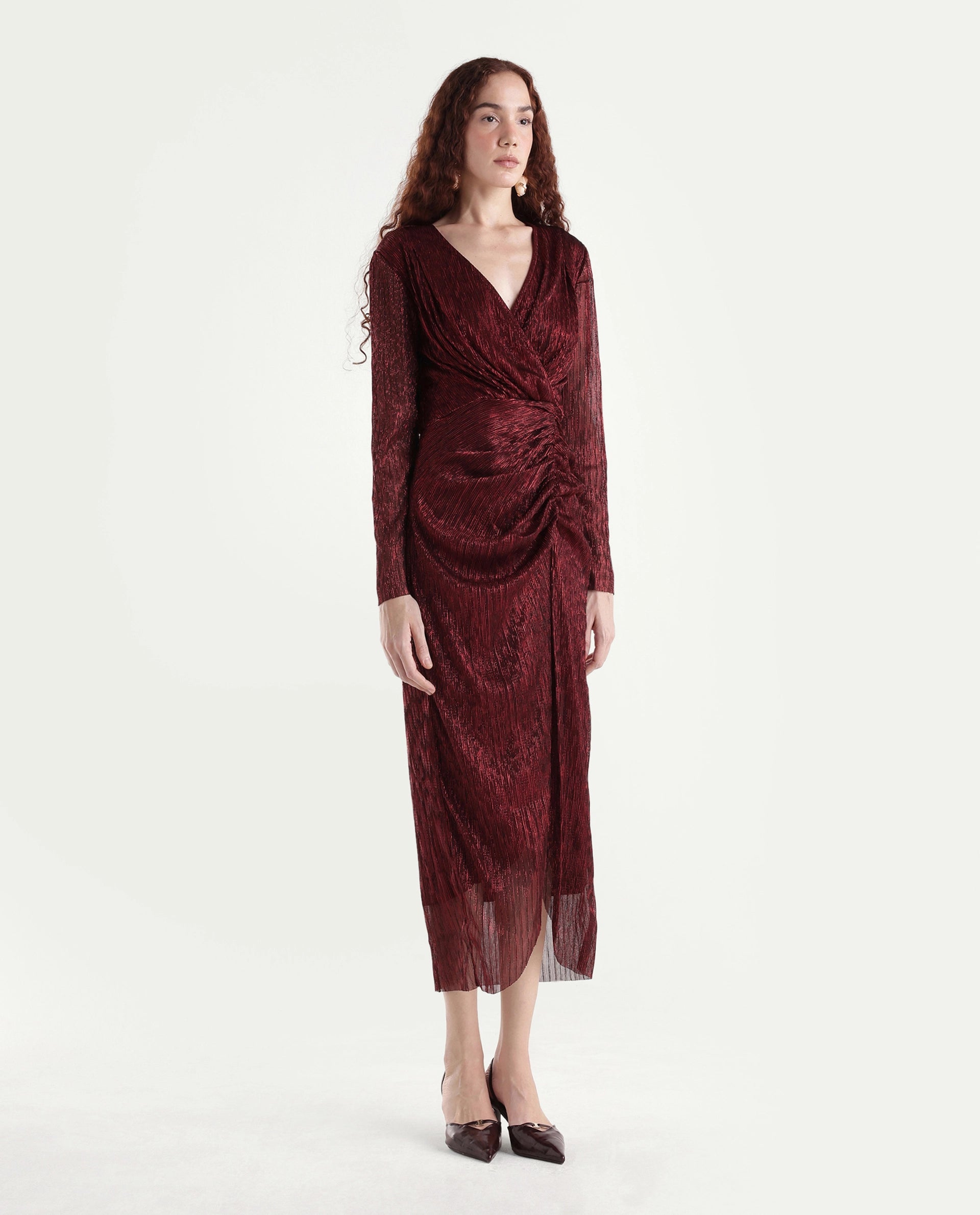 Rareism Women's Siga Metalic Red Polyester Blend Collarless Shimmer Maxi Regular Fit Dress