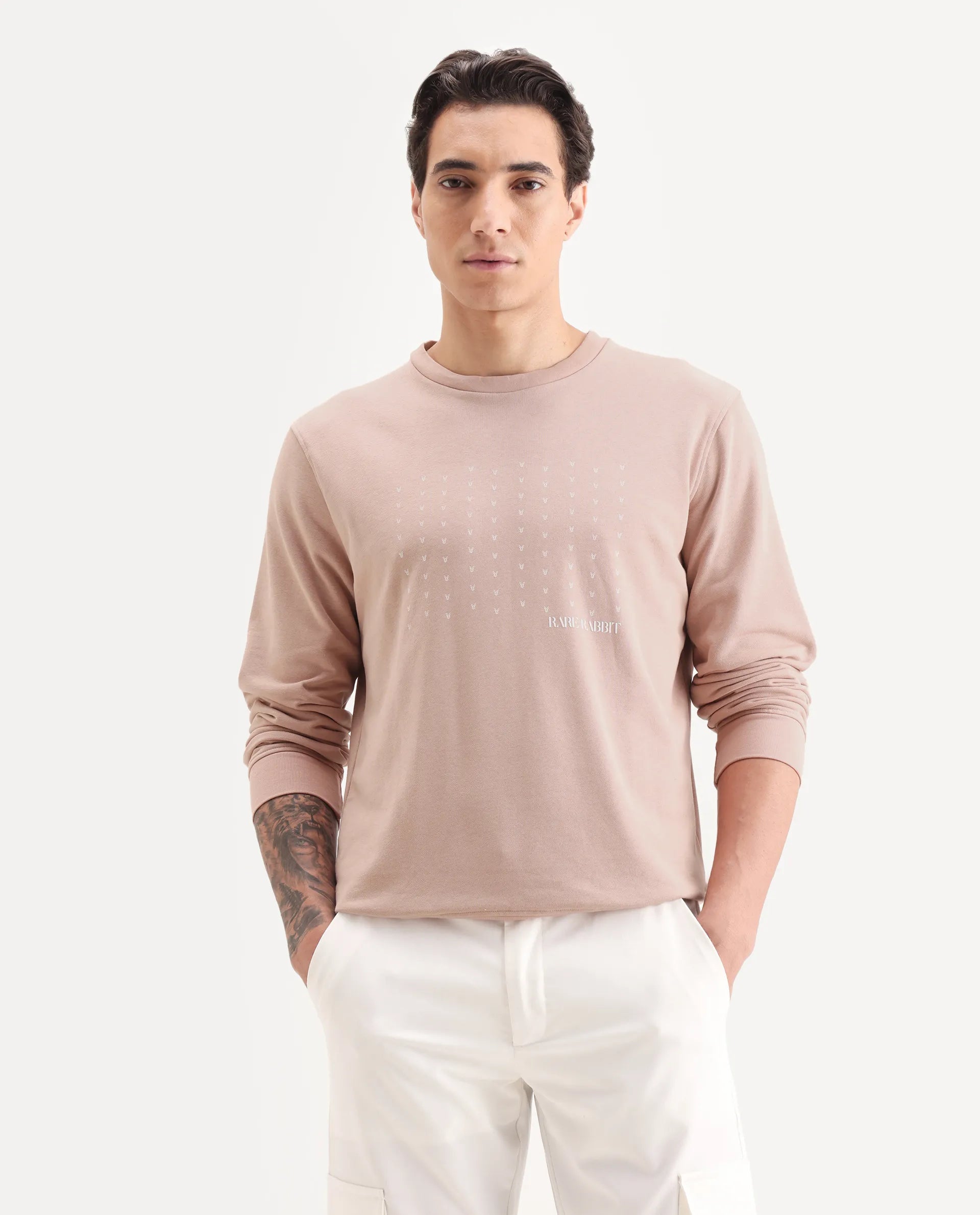 Rare Rabbit Men's Gale Beige Cotton Graphic Print Regular Fit Full Sleeve Crew Neck Sweatshirt