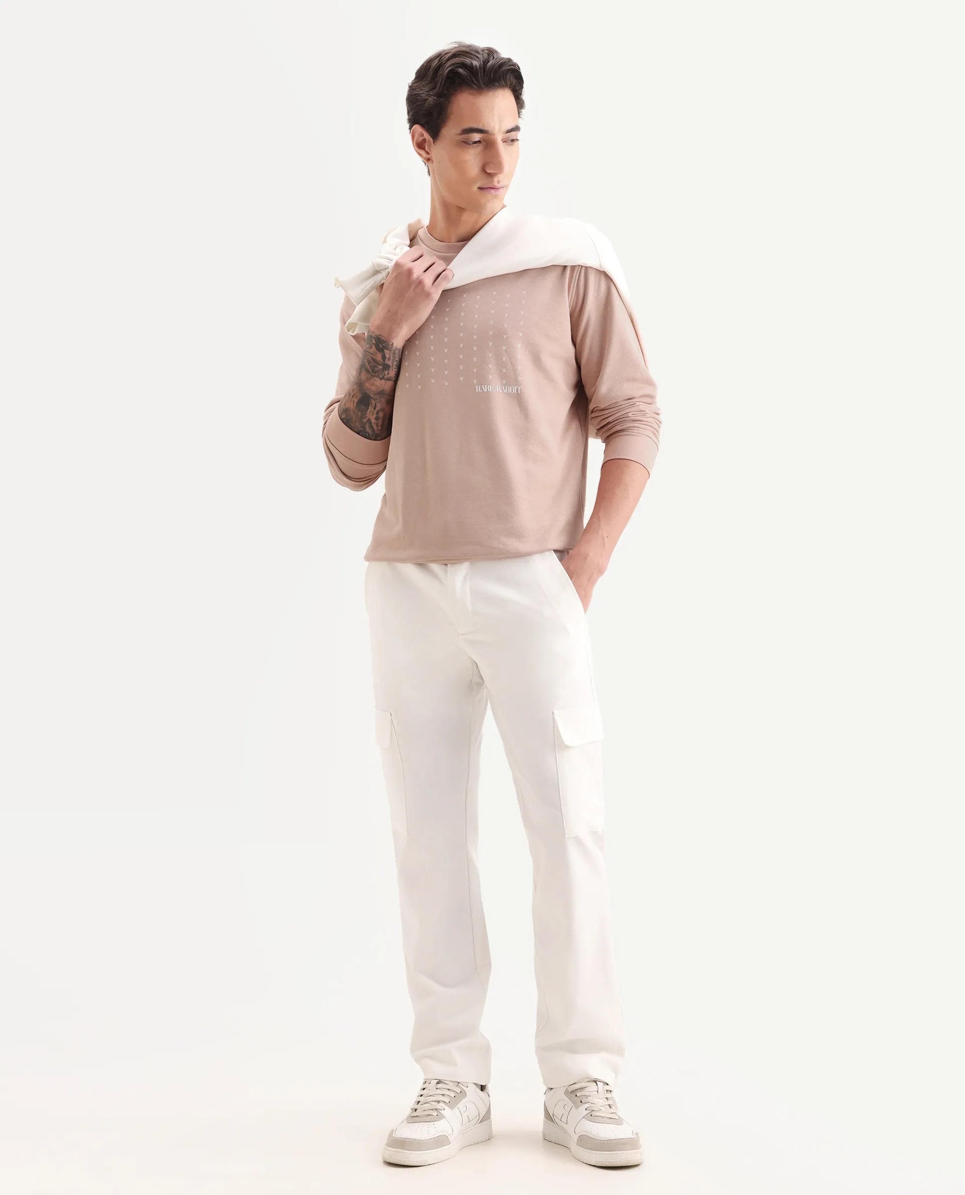 Rare Rabbit Men's Gale Beige Cotton Graphic Print Regular Fit Full Sleeve Crew Neck Sweatshirt