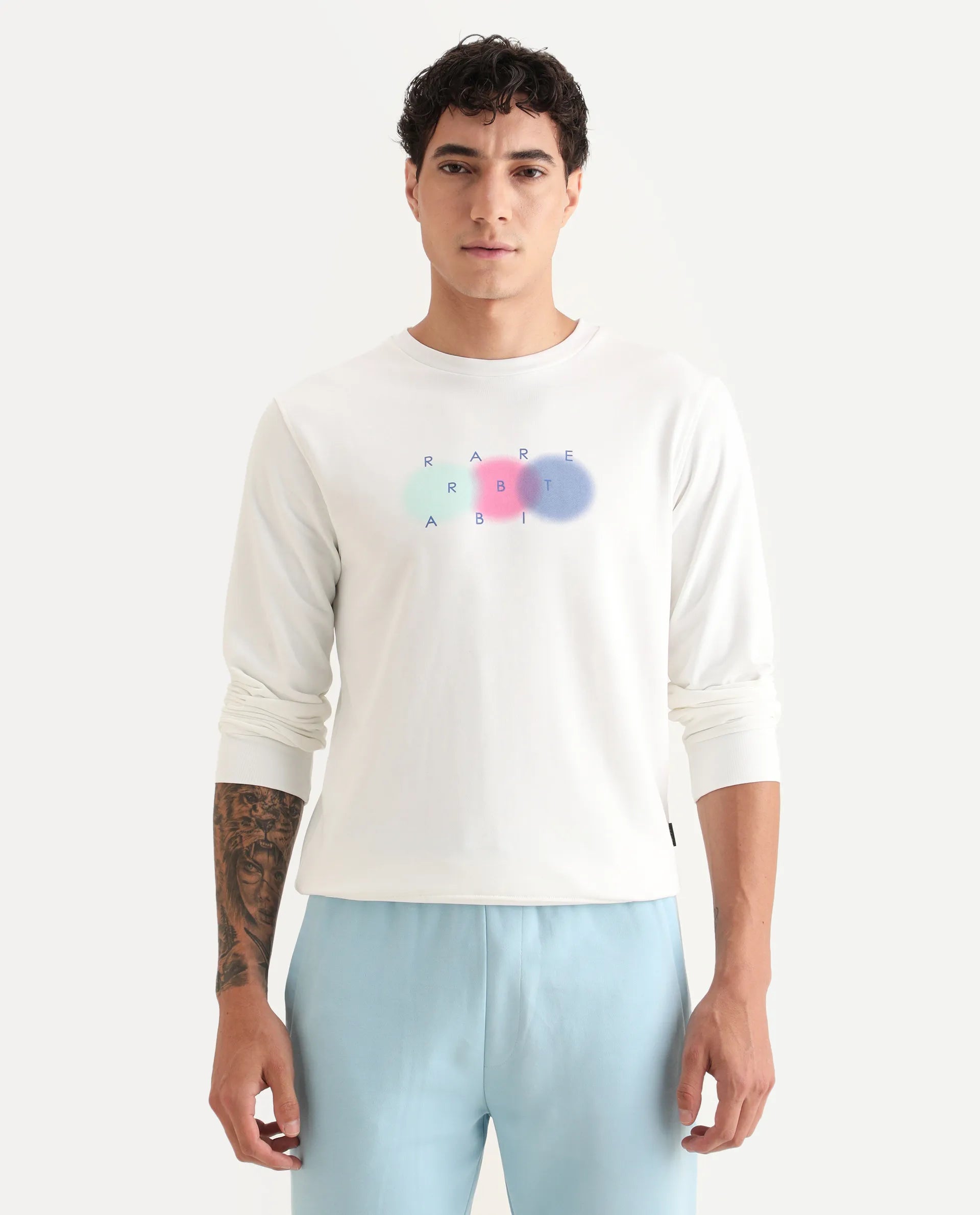 Rare Rabbit Men's Saul White Cotton Graphic Print Relaxed Fit Full Sleeve Crew Neck Sweatshirt