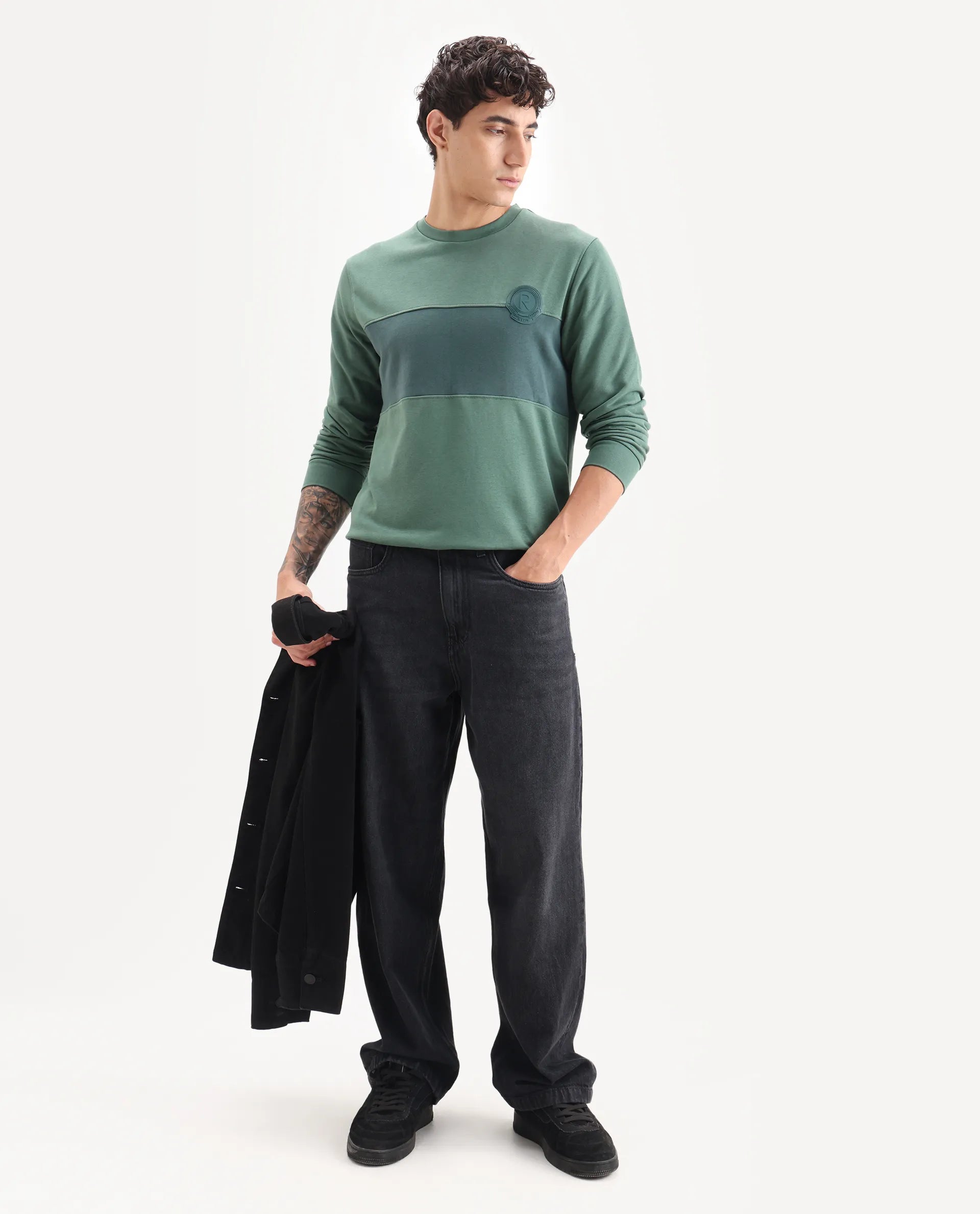 Rare Rabbit Men's Privett Green Cotton Color Block Relaxed Fit Full Sleeve Crew Neck Sweatshirt