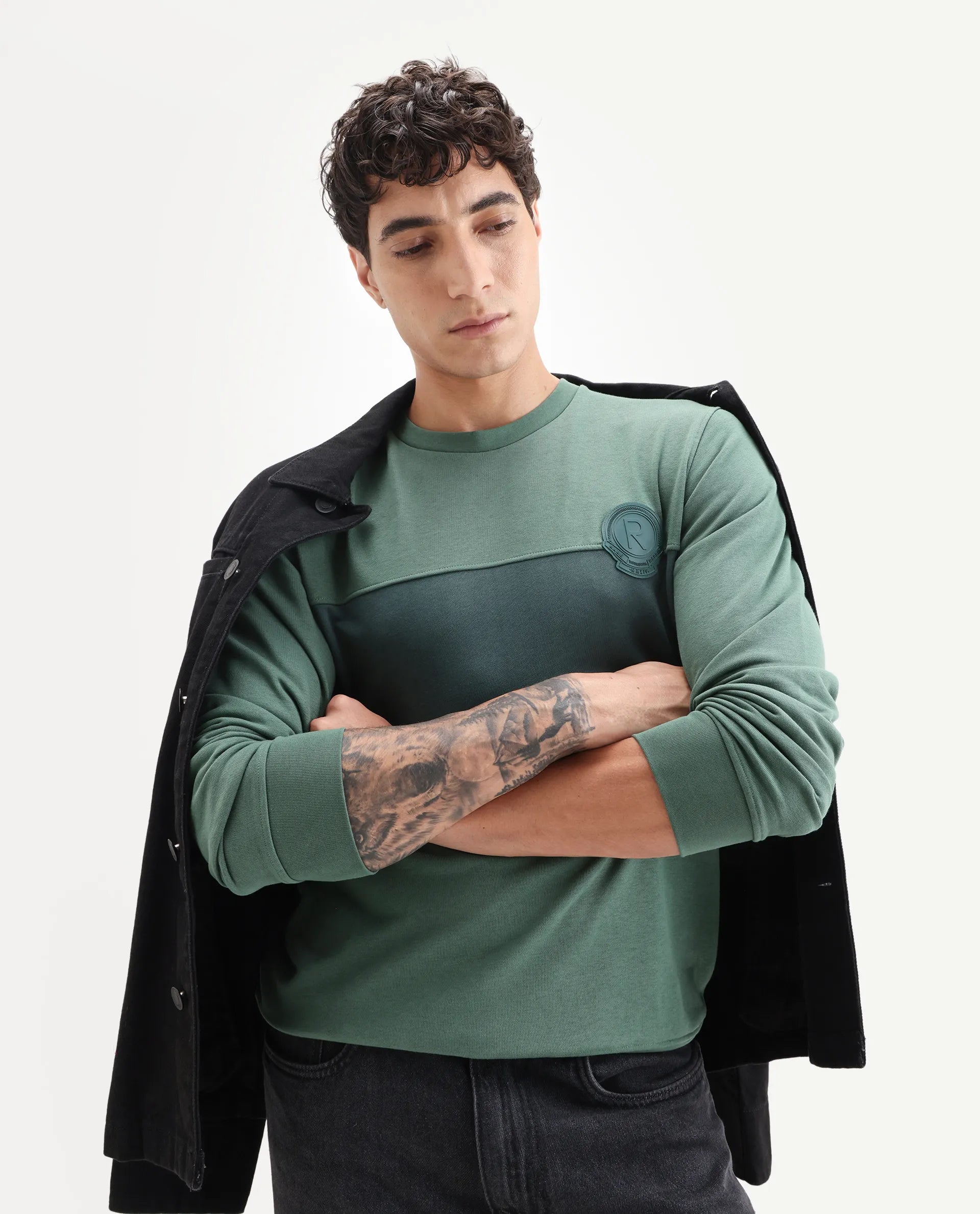 Rare Rabbit Men's Privett Green Cotton Color Block Relaxed Fit Full Sleeve Crew Neck Sweatshirt