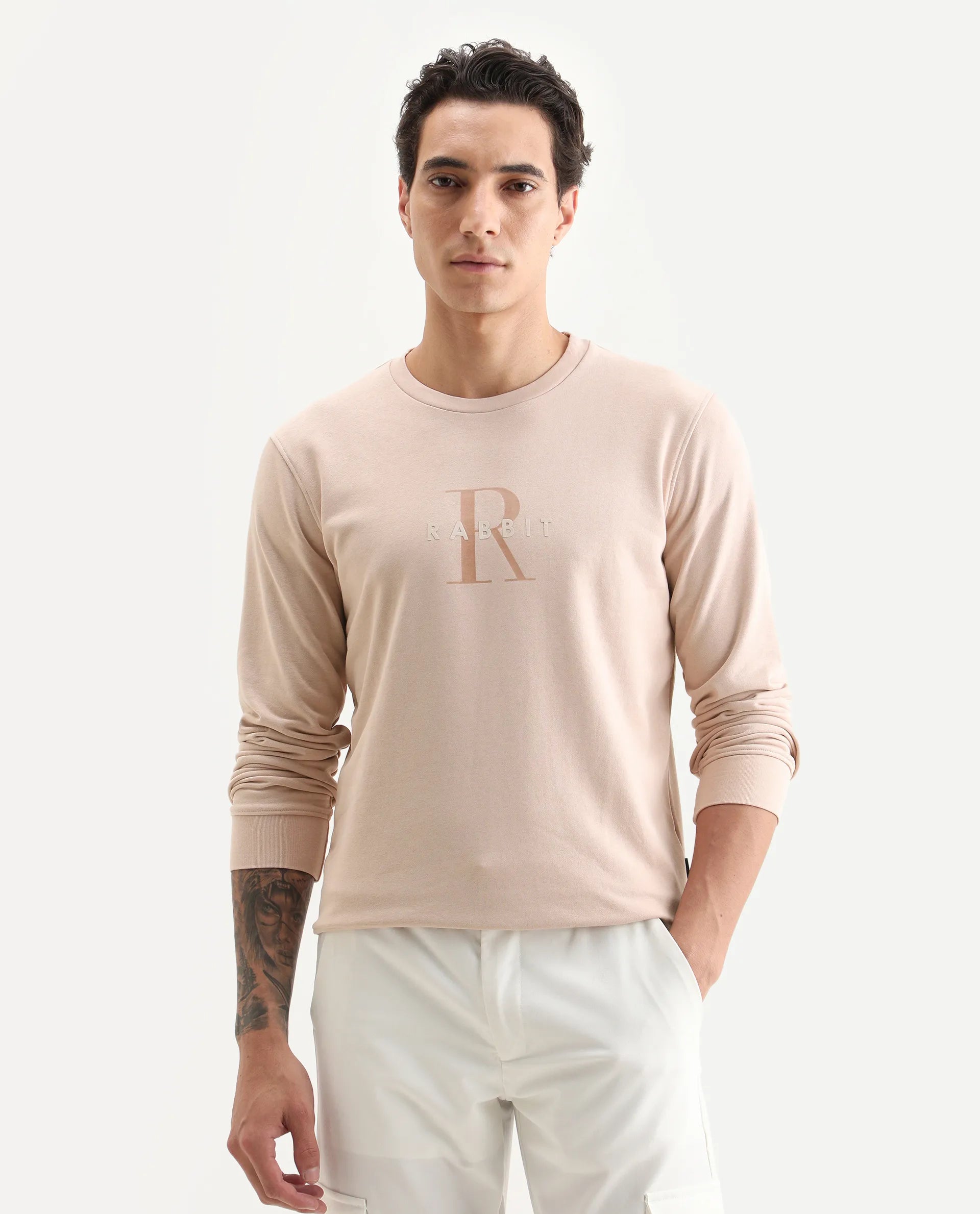 Rare Rabbit Men's Perez Peach Cotton Graphic Print Relaxed Fit Full Sleeve Crew Neck Sweatshirt