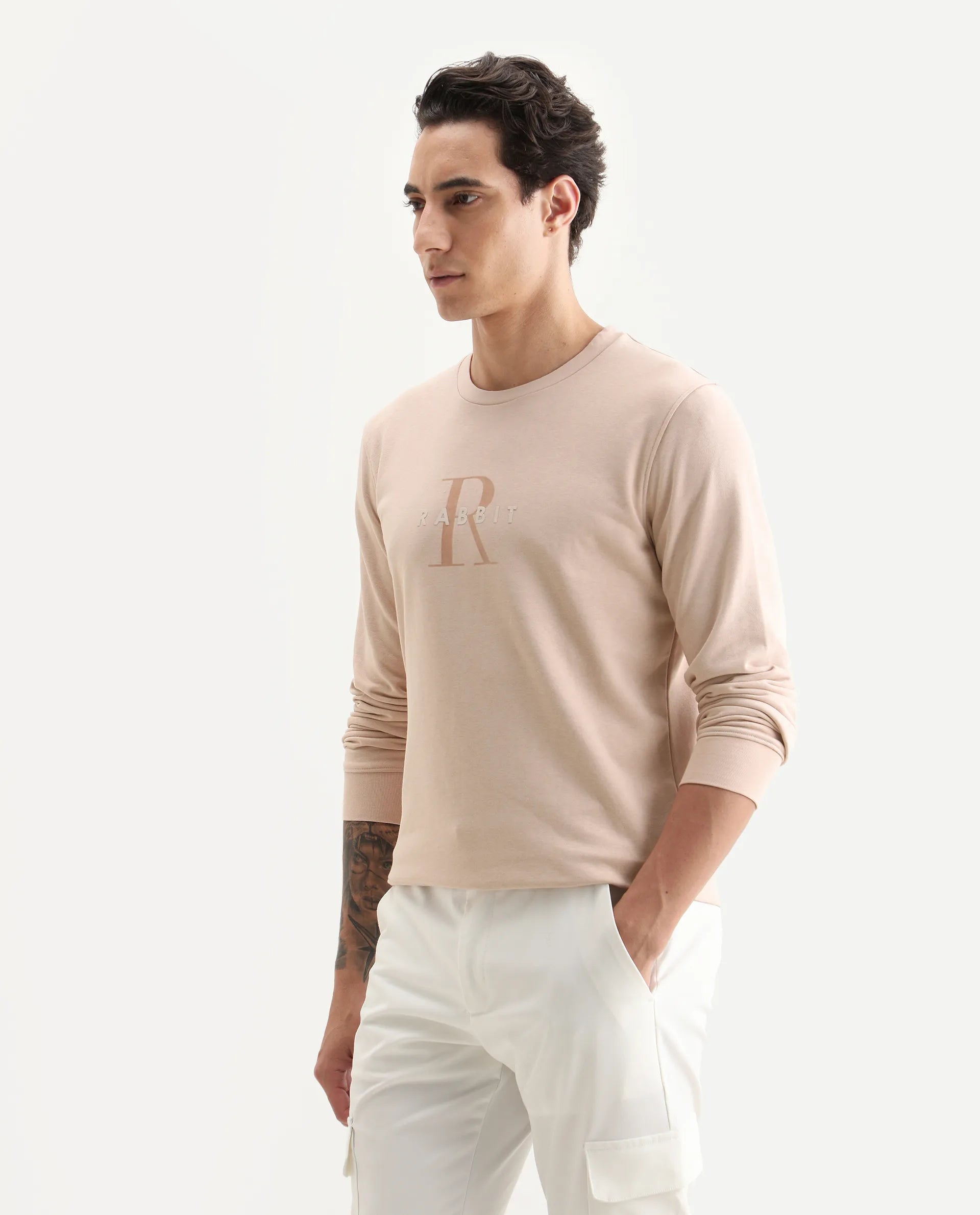 Rare Rabbit Men's Perez Peach Cotton Graphic Print Relaxed Fit Full Sleeve Crew Neck Sweatshirt