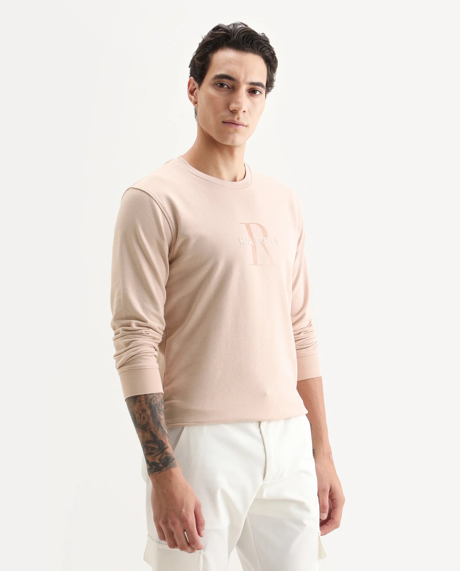Rare Rabbit Men's Perez Peach Cotton Graphic Print Relaxed Fit Full Sleeve Crew Neck Sweatshirt