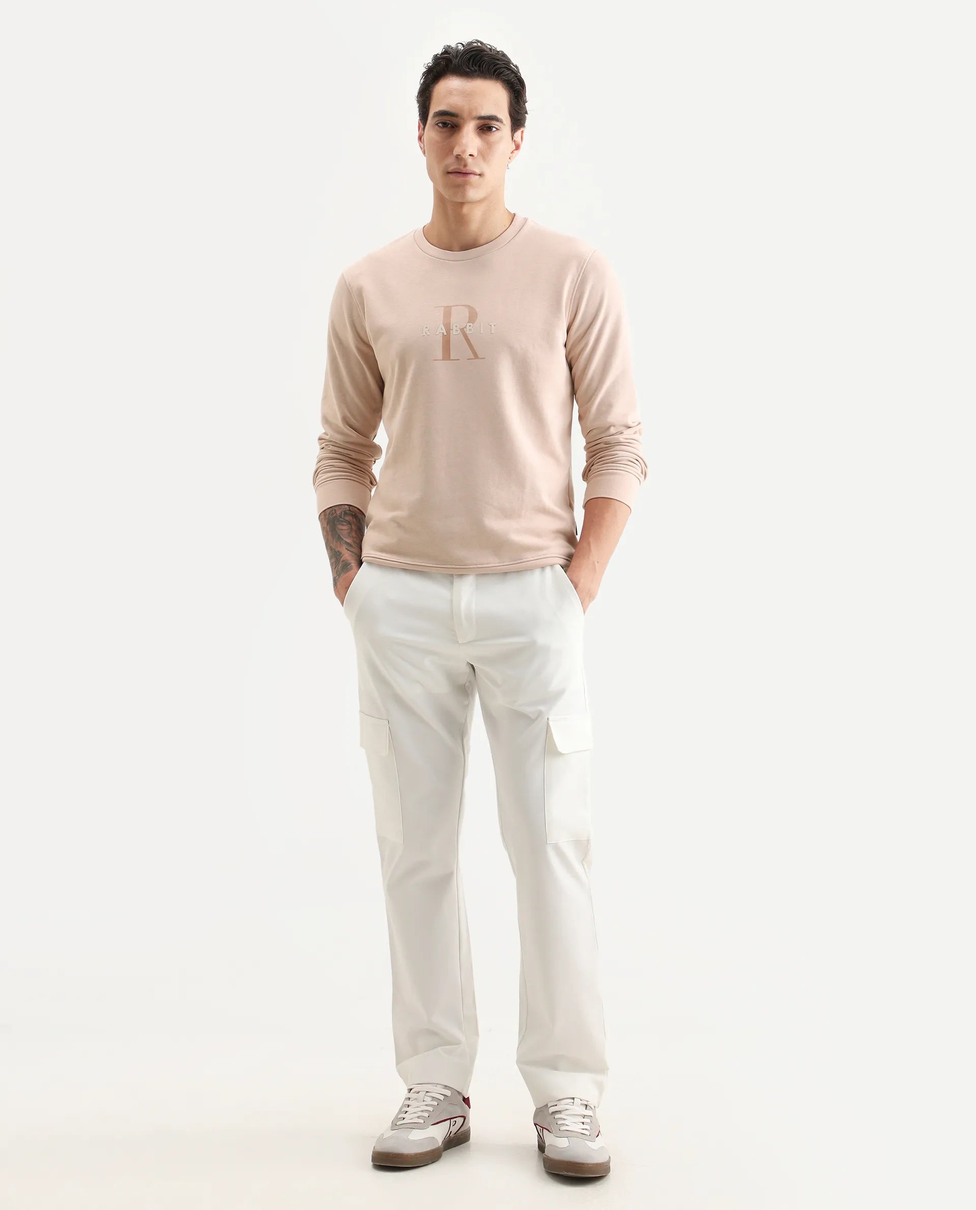 Rare Rabbit Men's Perez Peach Cotton Graphic Print Relaxed Fit Full Sleeve Crew Neck Sweatshirt