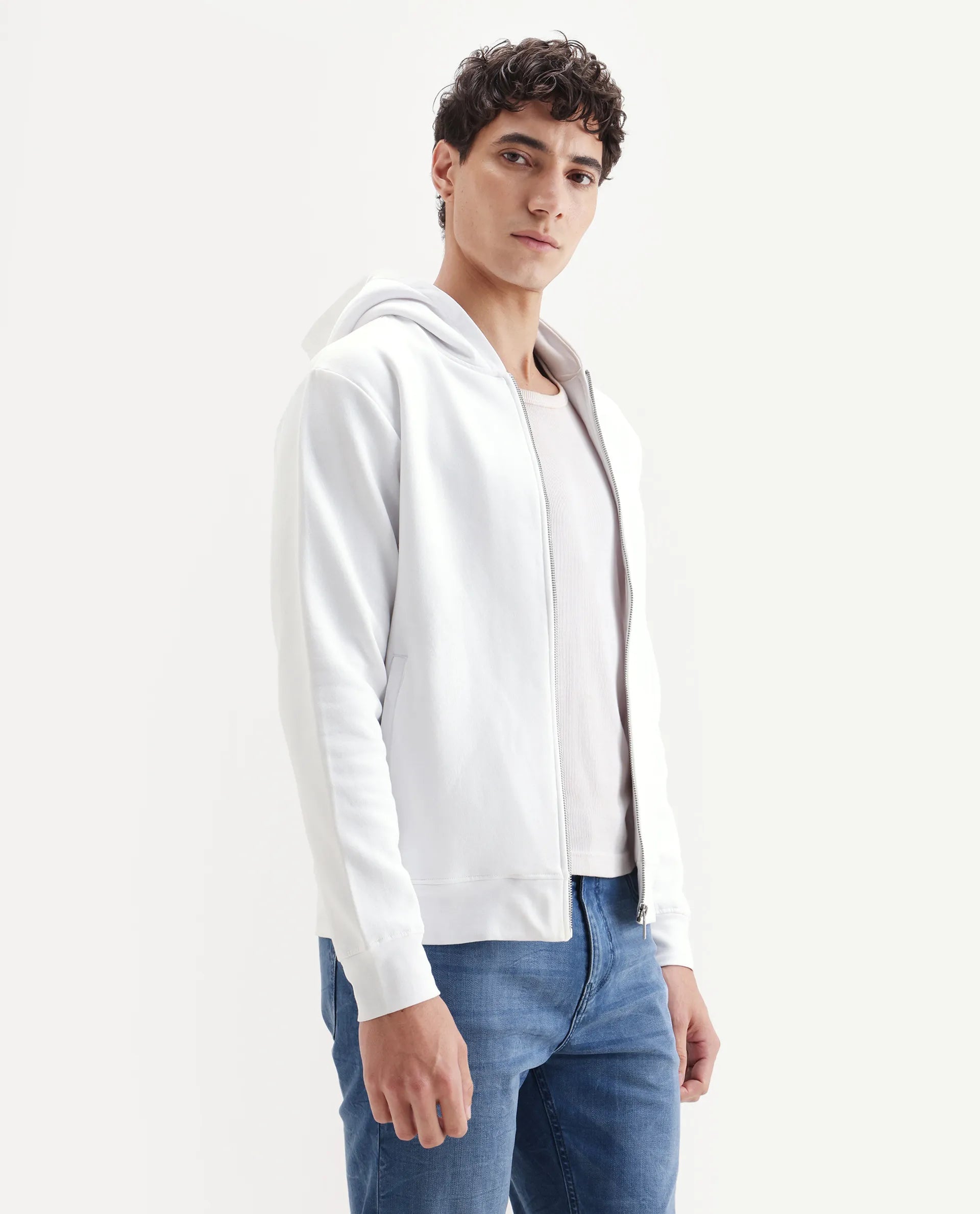 Rare Rabbit Men's Kaden White Cotton Graphic Print Regular Fit Full Sleeve Hooded Sweatshirt