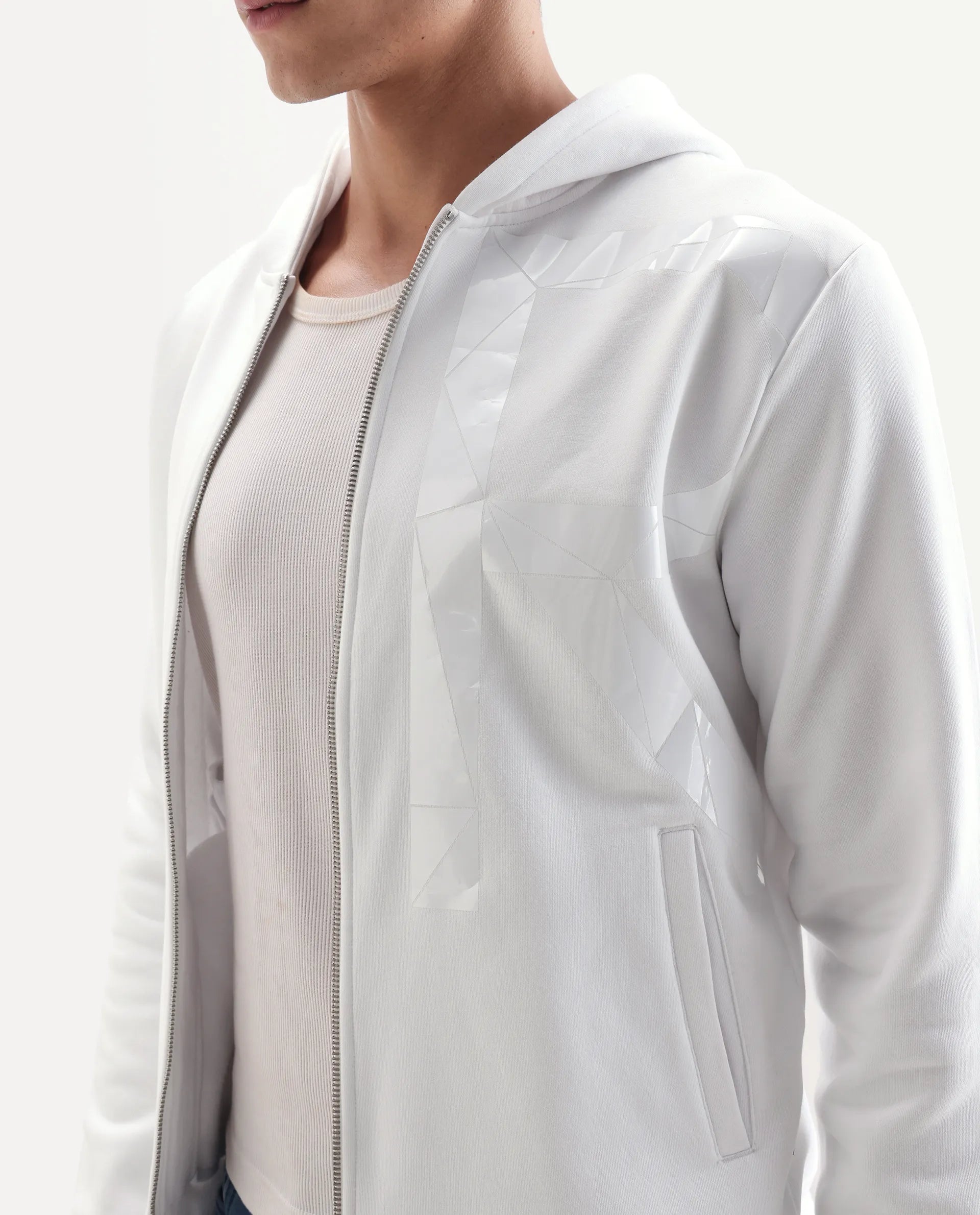 Rare Rabbit Men's Kaden White Cotton Graphic Print Regular Fit Full Sleeve Hooded Sweatshirt