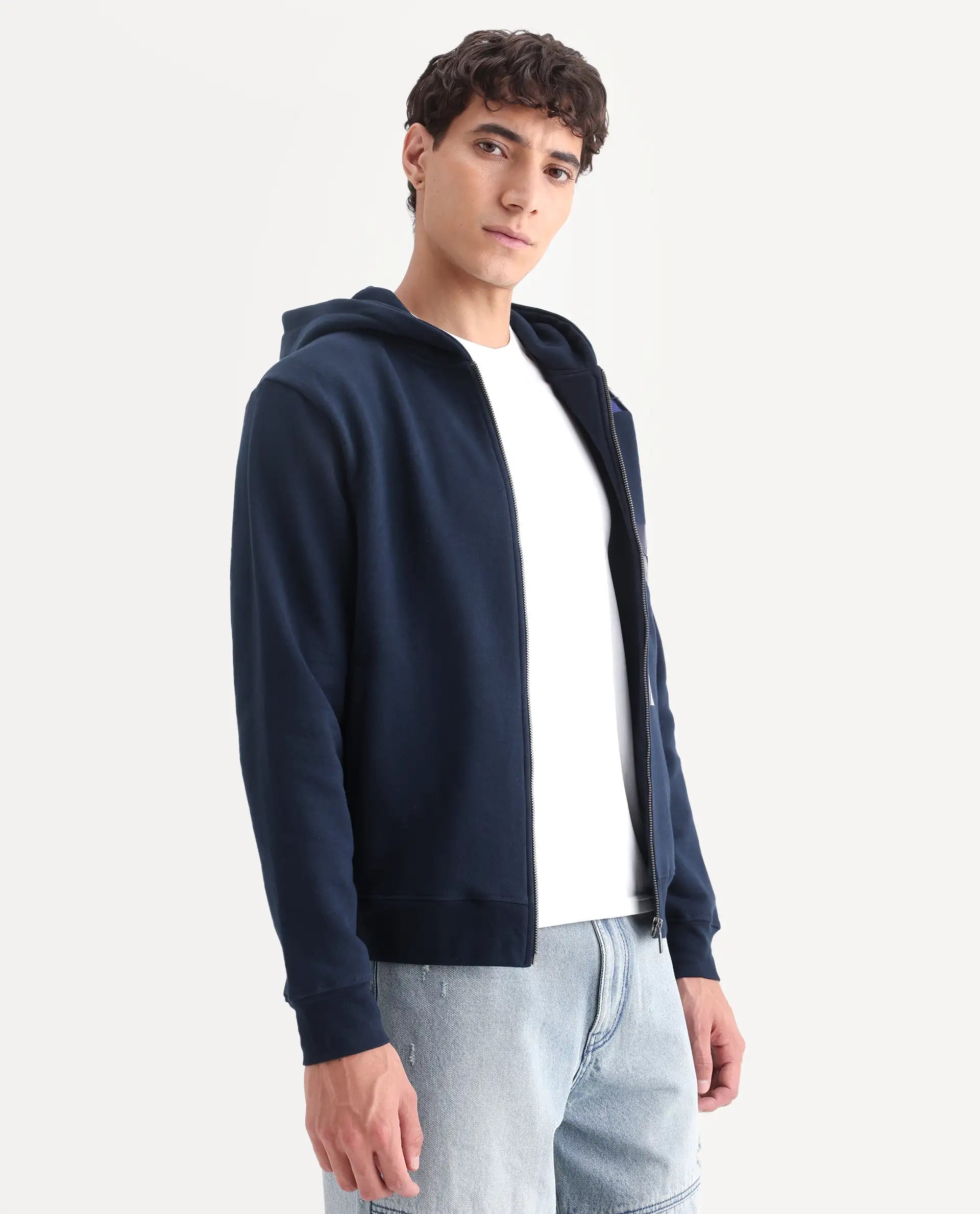 Rare Rabbit Men's Kaden Navy Cotton Graphic Print Regular Fit Full Sleeve Hooded Sweatshirt