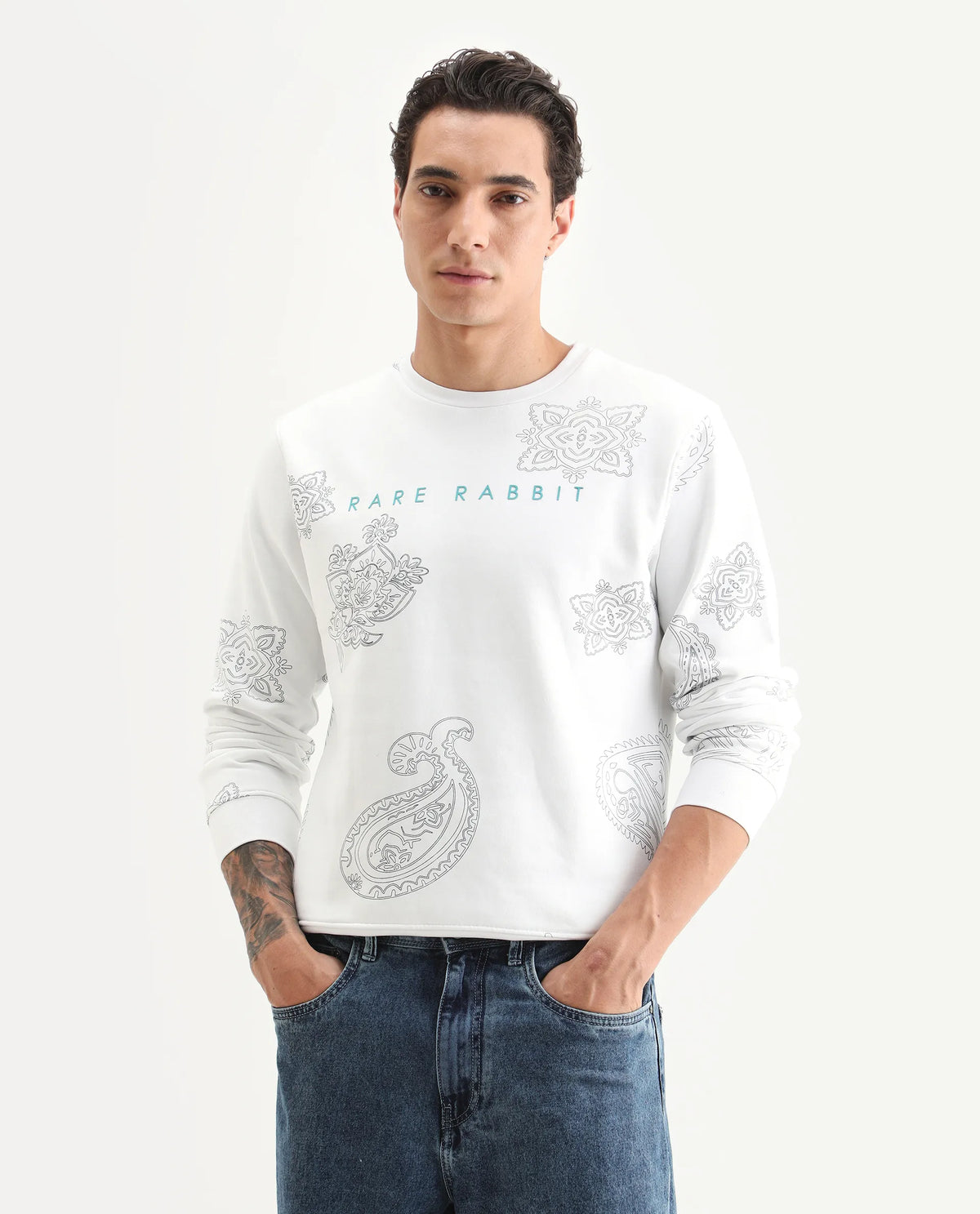 Rare Rabbit Men's Arloo White Cotton Paisley Print Regular Fit Full Sleeve Crew Neck Sweatshirt