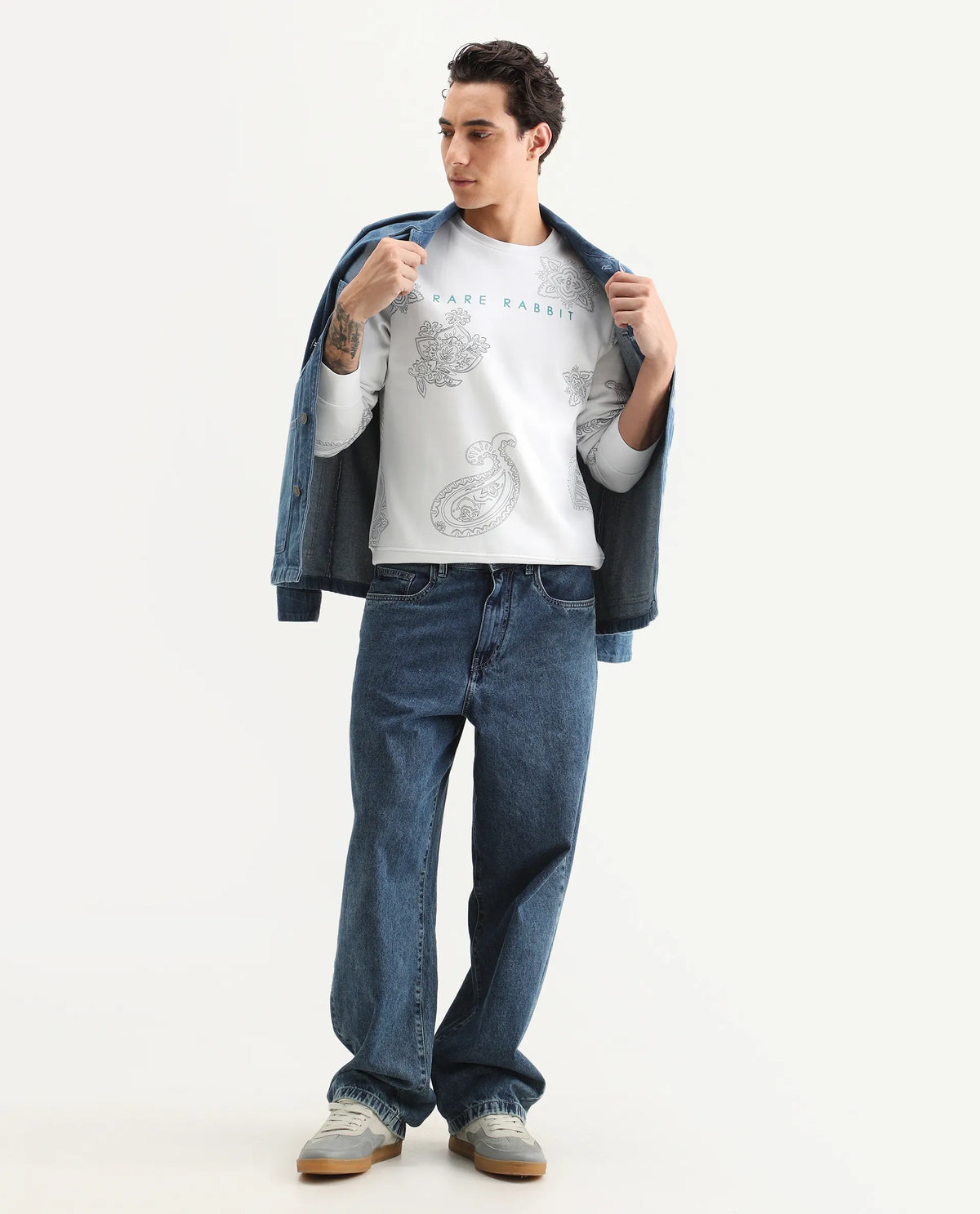 Rare Rabbit Men's Arloo White Cotton Paisley Print Regular Fit Full Sleeve Crew Neck Sweatshirt