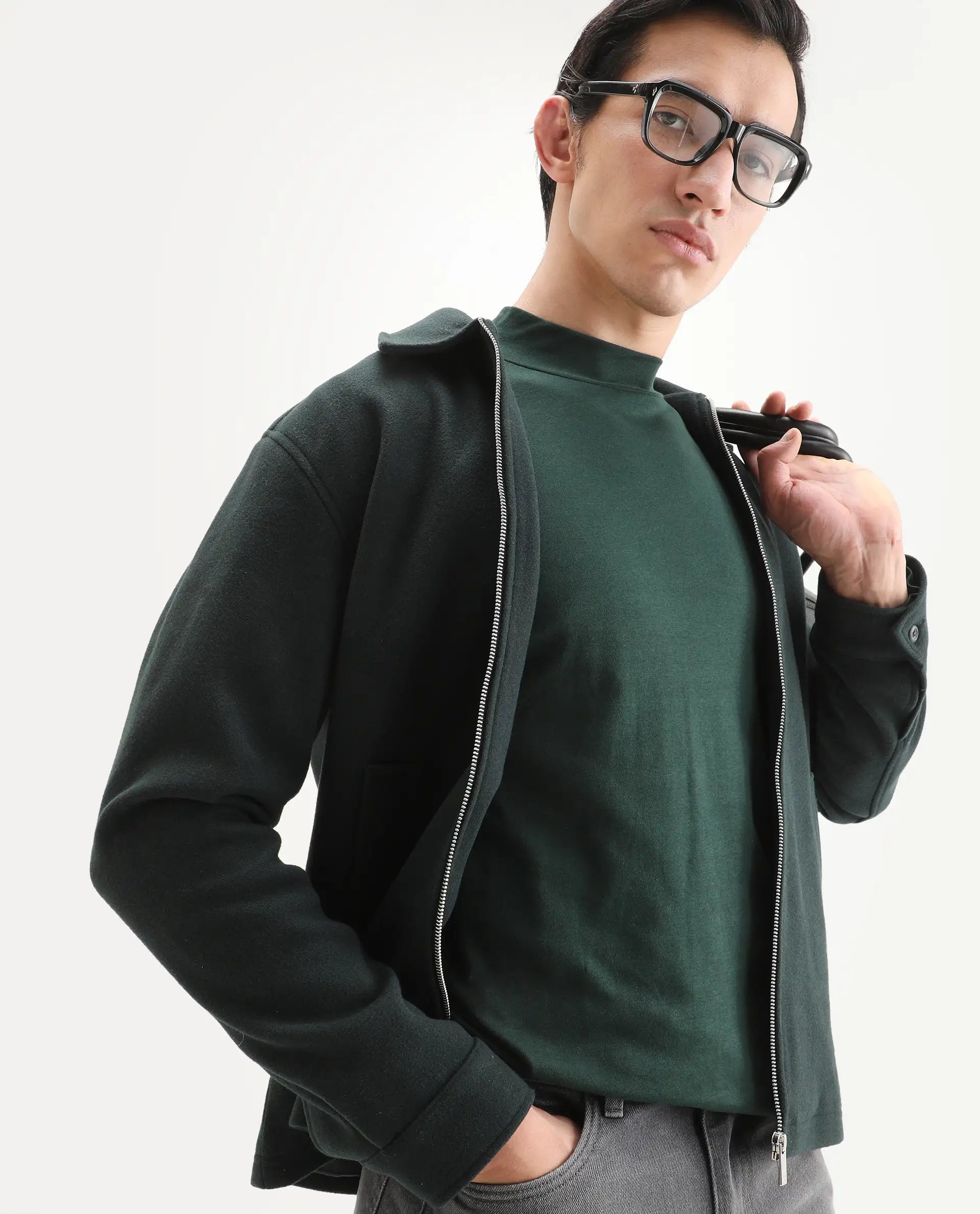 Rare Rabbit Men's Mania Green Cotton Plain Regular Fit Full Sleeve High Neck Sweatshirt