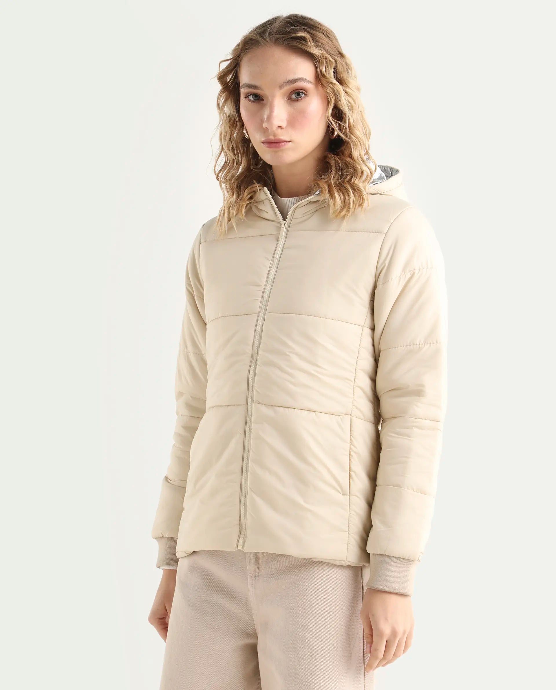 Rareism Women's Glasha Hls Beige Polyester Hooded Plain Regular Fit Jacket