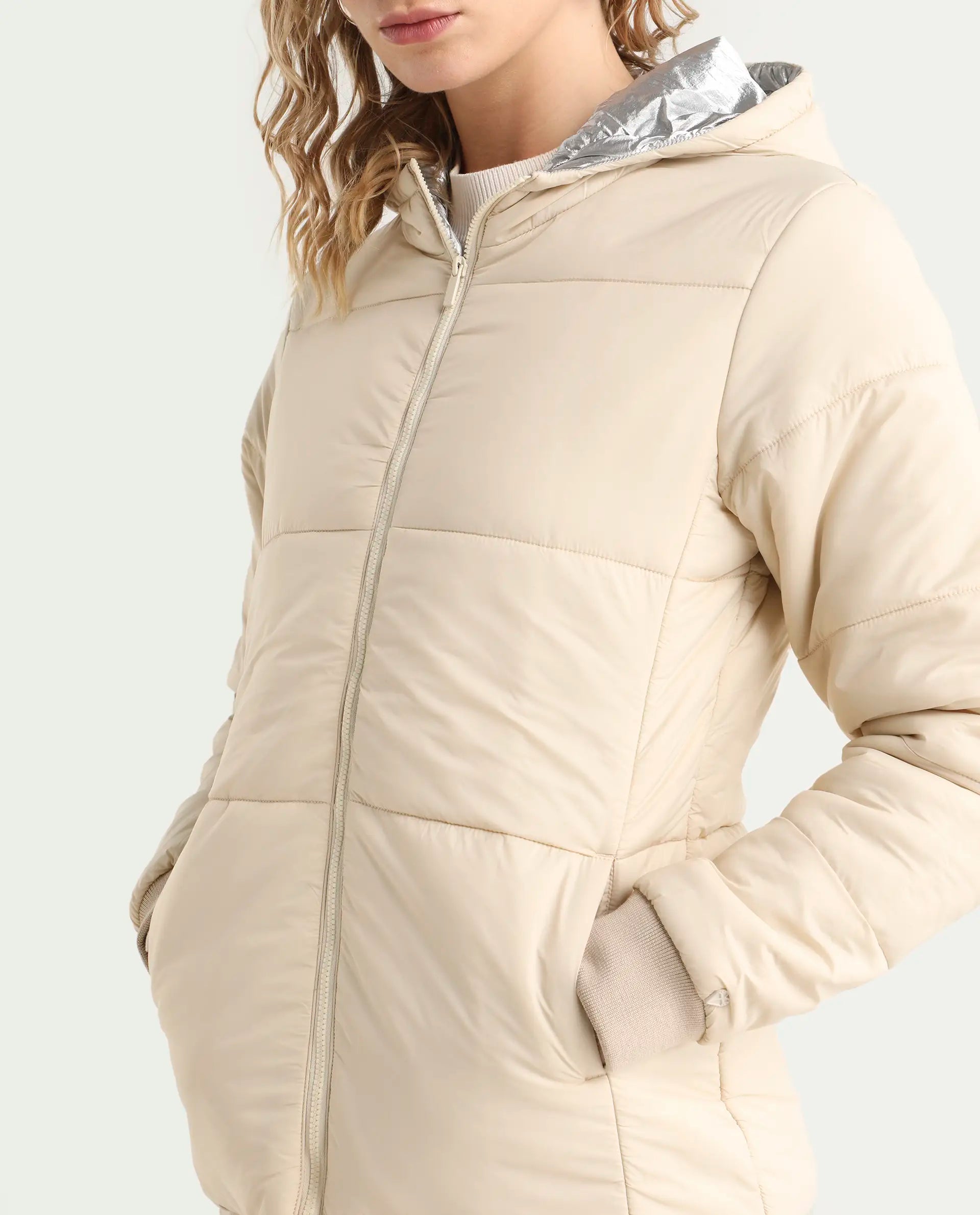 Rareism Women's Glasha Hls Beige Polyester Hooded Plain Regular Fit Jacket