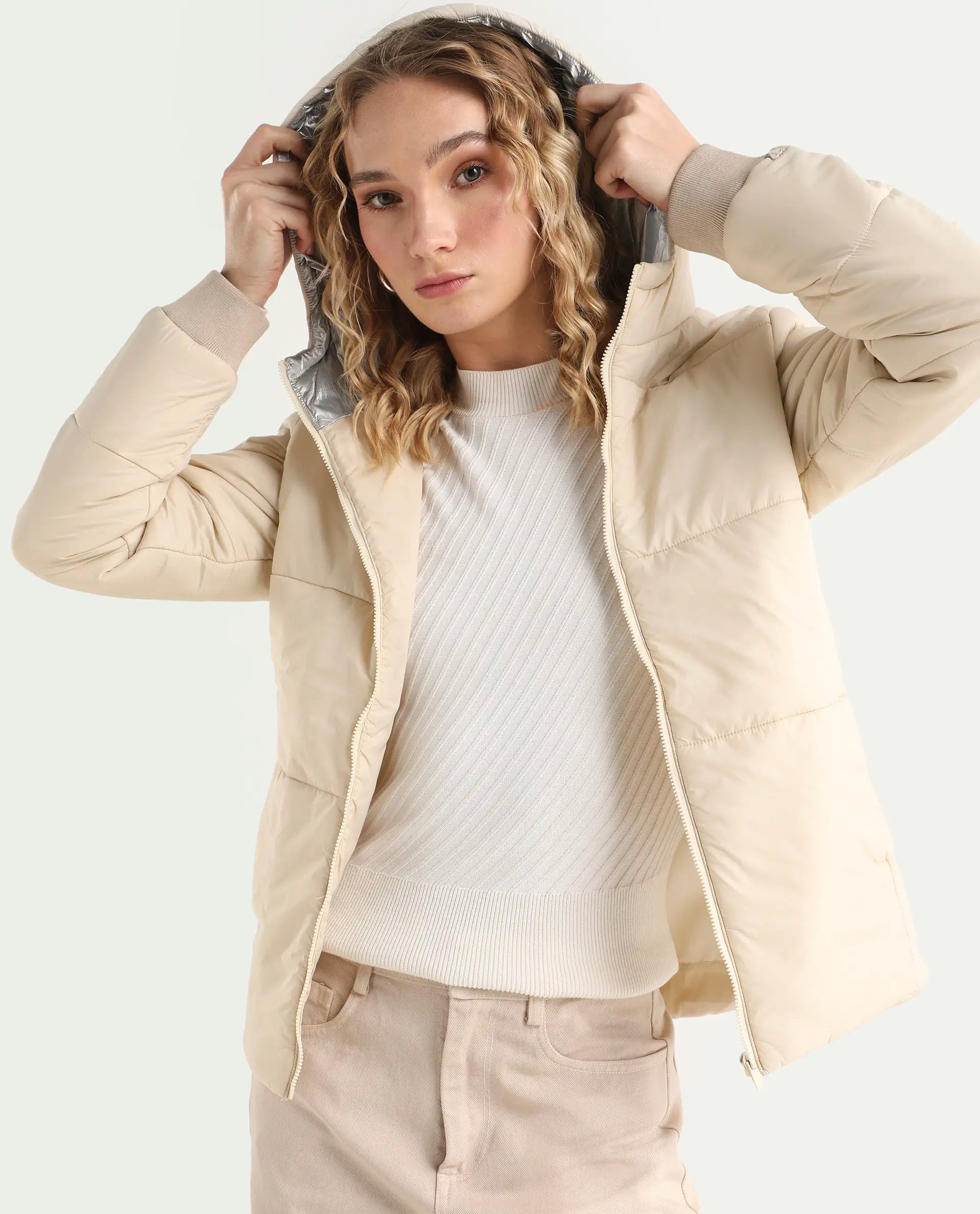 Rareism Women's Glasha Hls Beige Polyester Hooded Plain Regular Fit Jacket