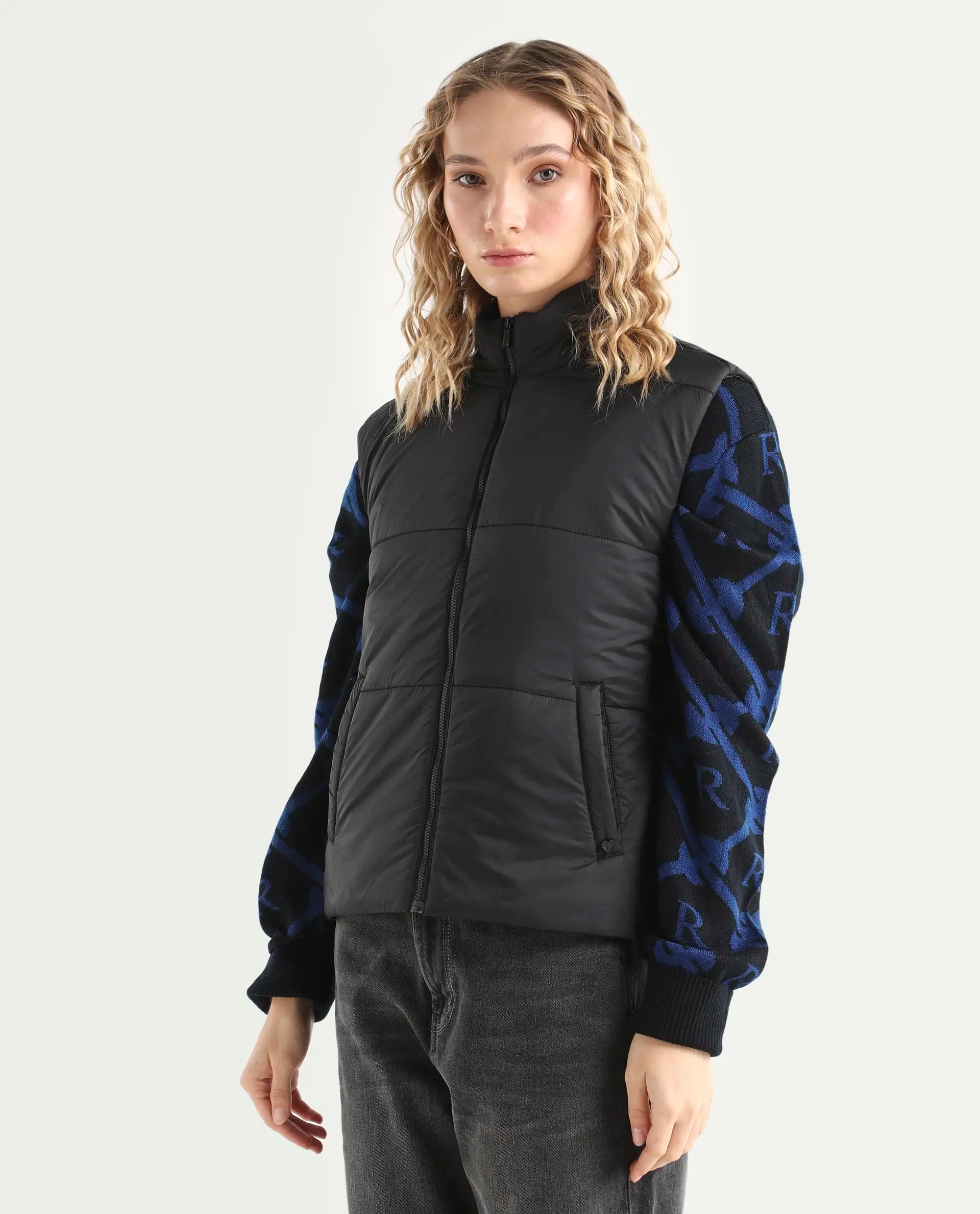 Rareism Women's Glasha Sl Black Polyester High Neck Plain Sleeveless Regular Fit Jacket