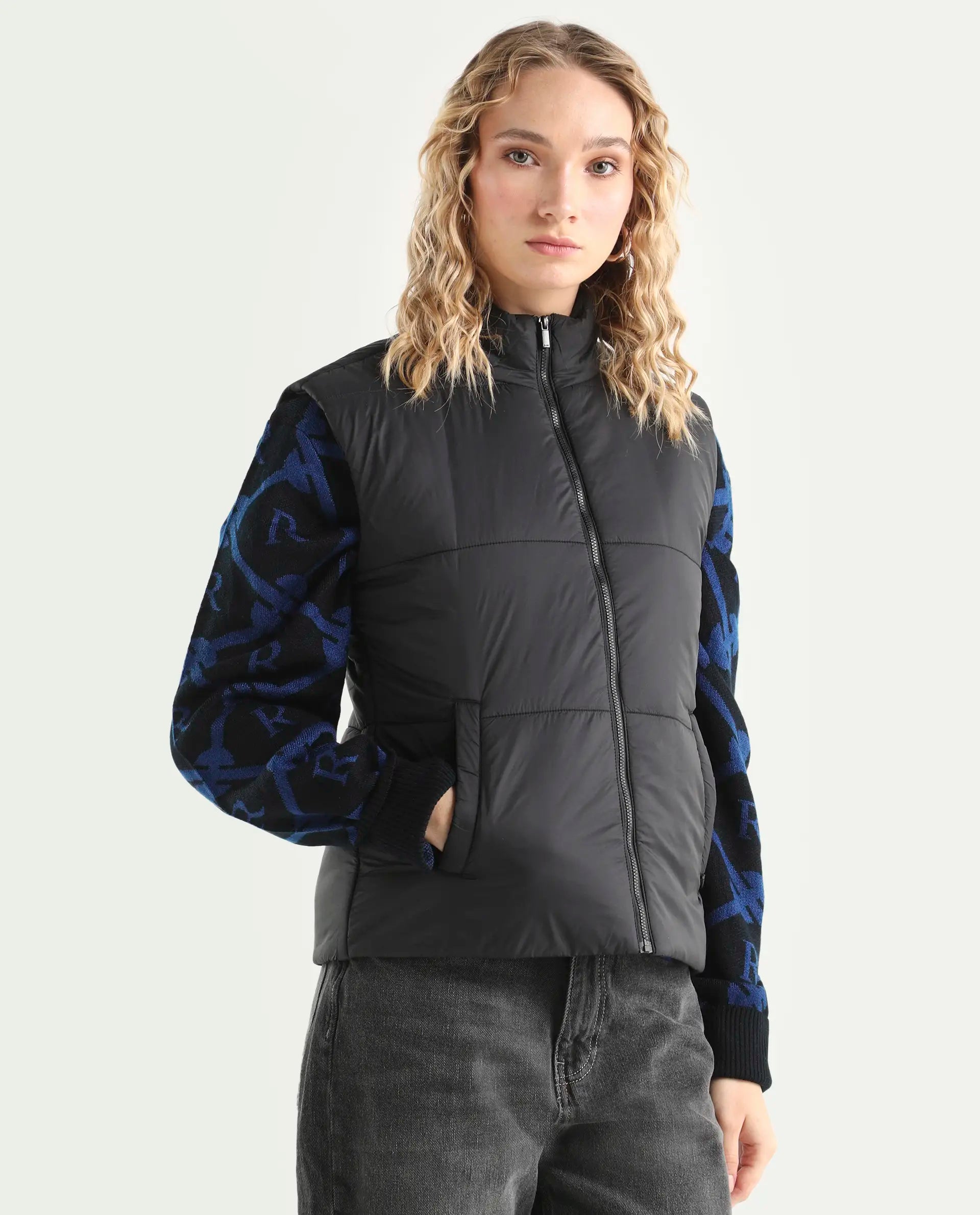 Rareism Women's Glasha Sl Black Polyester High Neck Plain Sleeveless Regular Fit Jacket