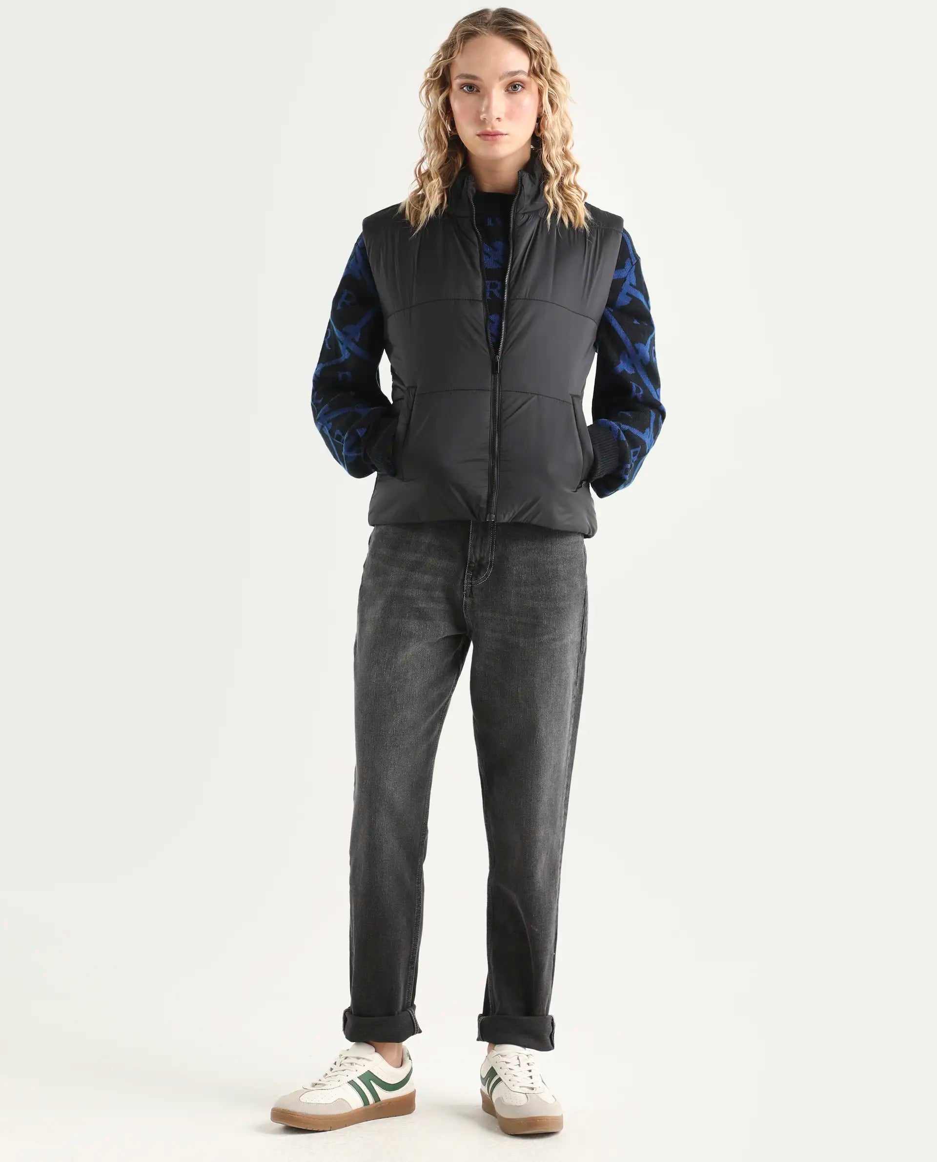 Rareism Women's Glasha Sl Black Polyester High Neck Plain Sleeveless Regular Fit Jacket