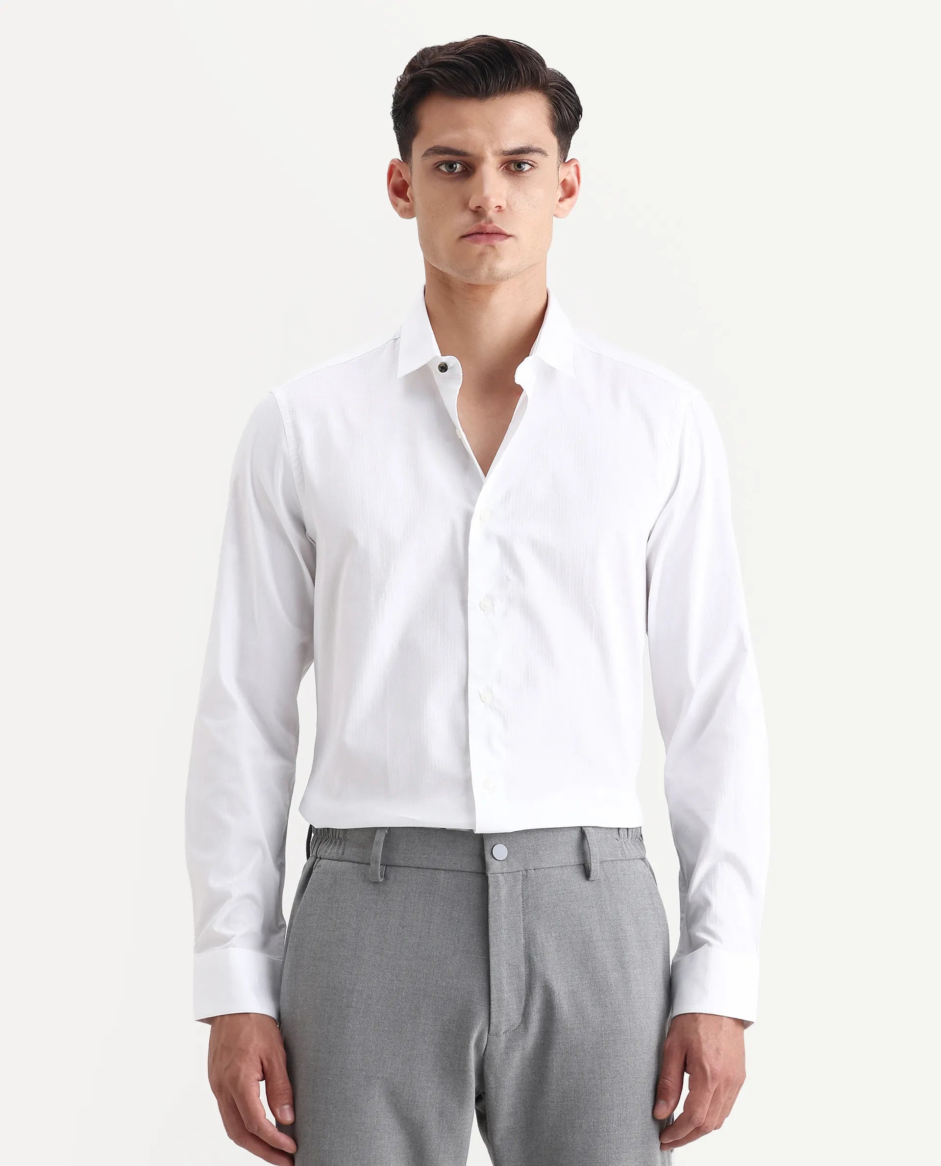 Rare Rabbit Men's Centi White Cotton Plain Regular Fit Full Sleeve Collared Shirt