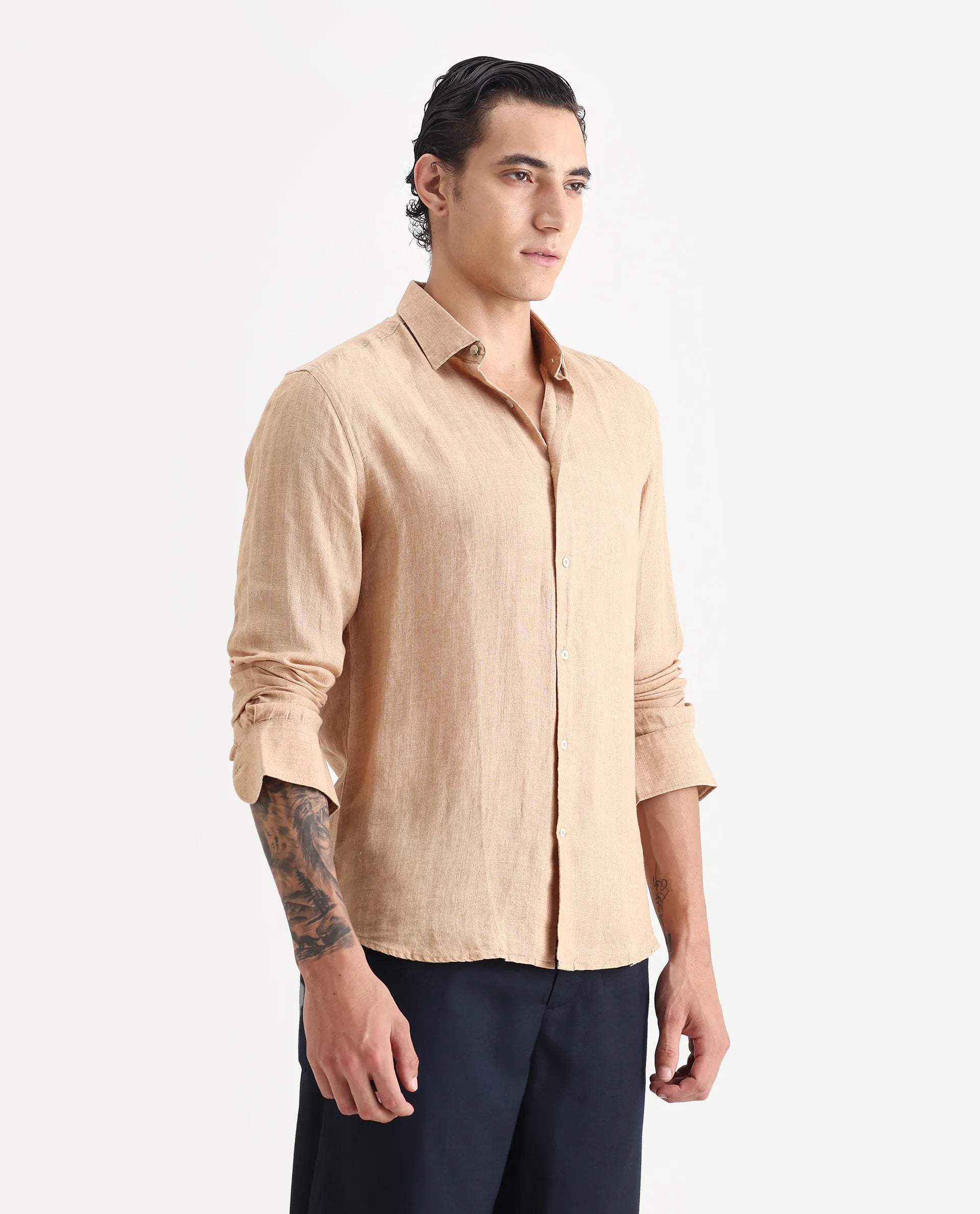 Rare Rabbit Men's Borium Beige 100% Linen Plain Regular Fit Full Sleeve Collared Shirt