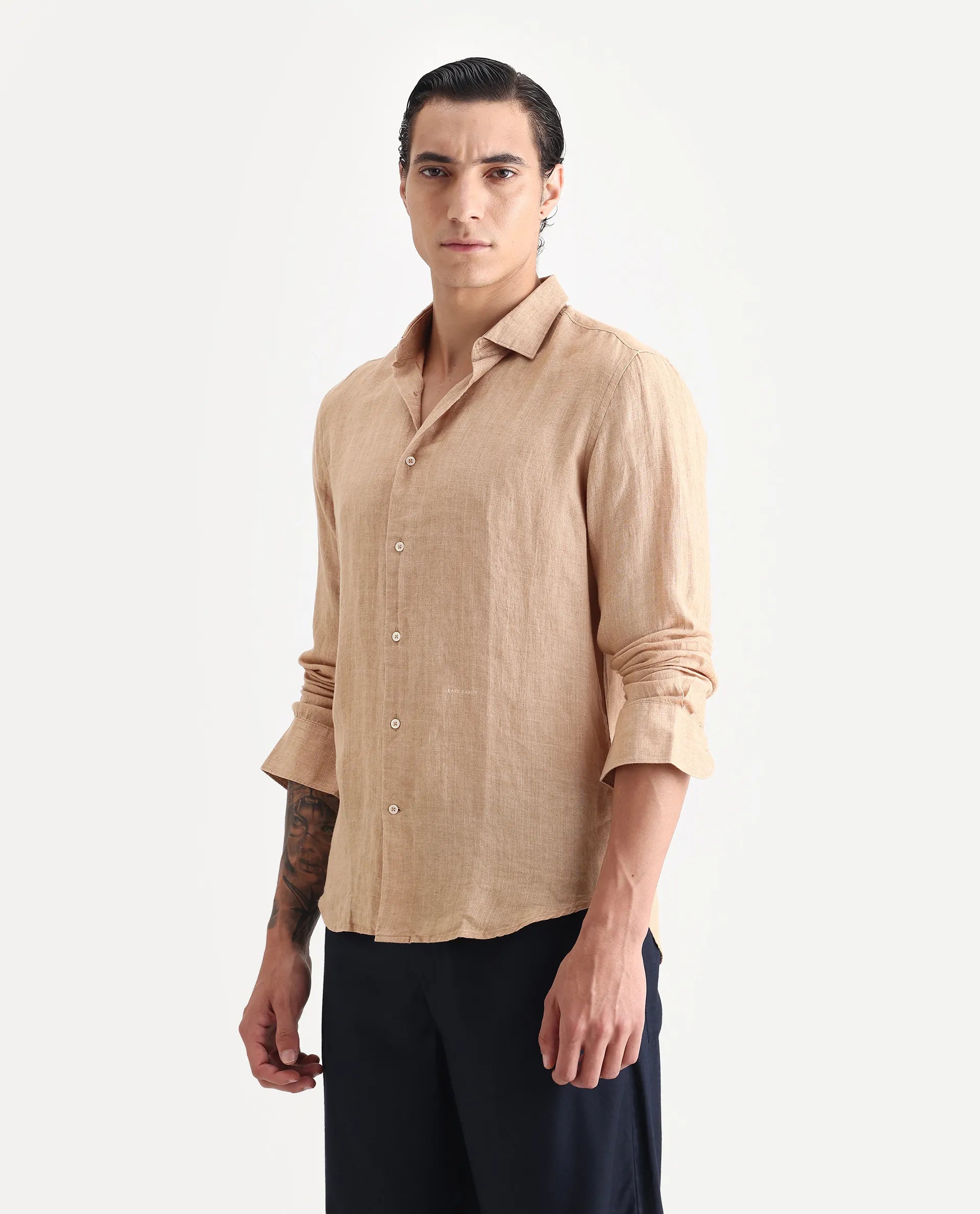 Rare Rabbit Men's Borium Beige 100% Linen Plain Regular Fit Full Sleeve Collared Shirt