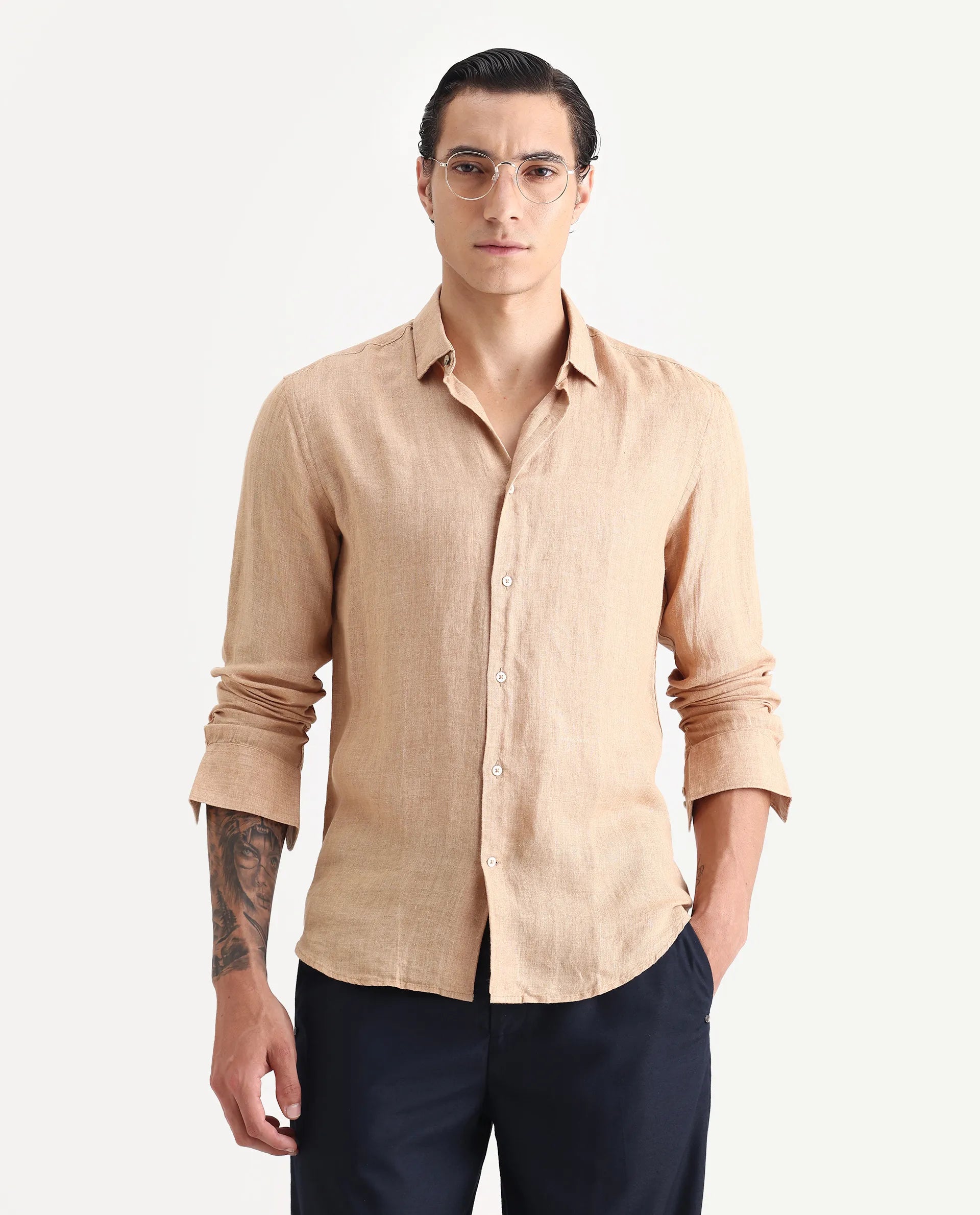Rare Rabbit Men's Borium Beige 100% Linen Plain Regular Fit Full Sleeve Collared Shirt