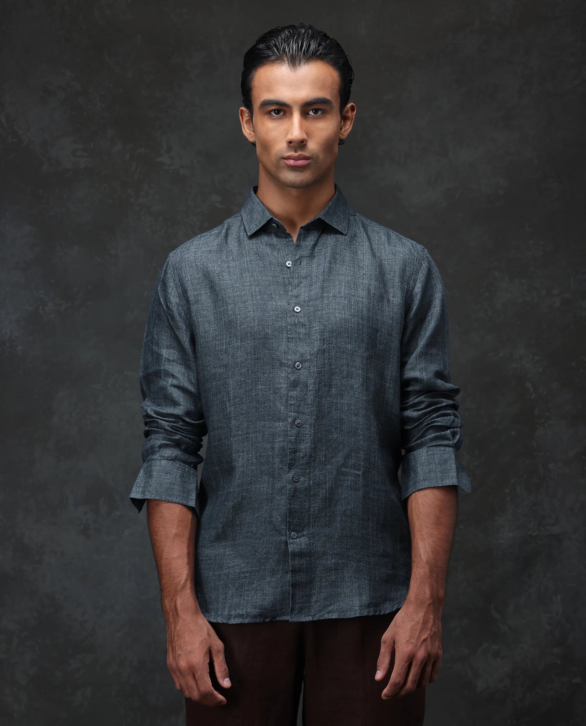 Rare Rabbit Men's Borium Green 100% Linen Plain Regular Fit Full Sleeve Collared Shirt