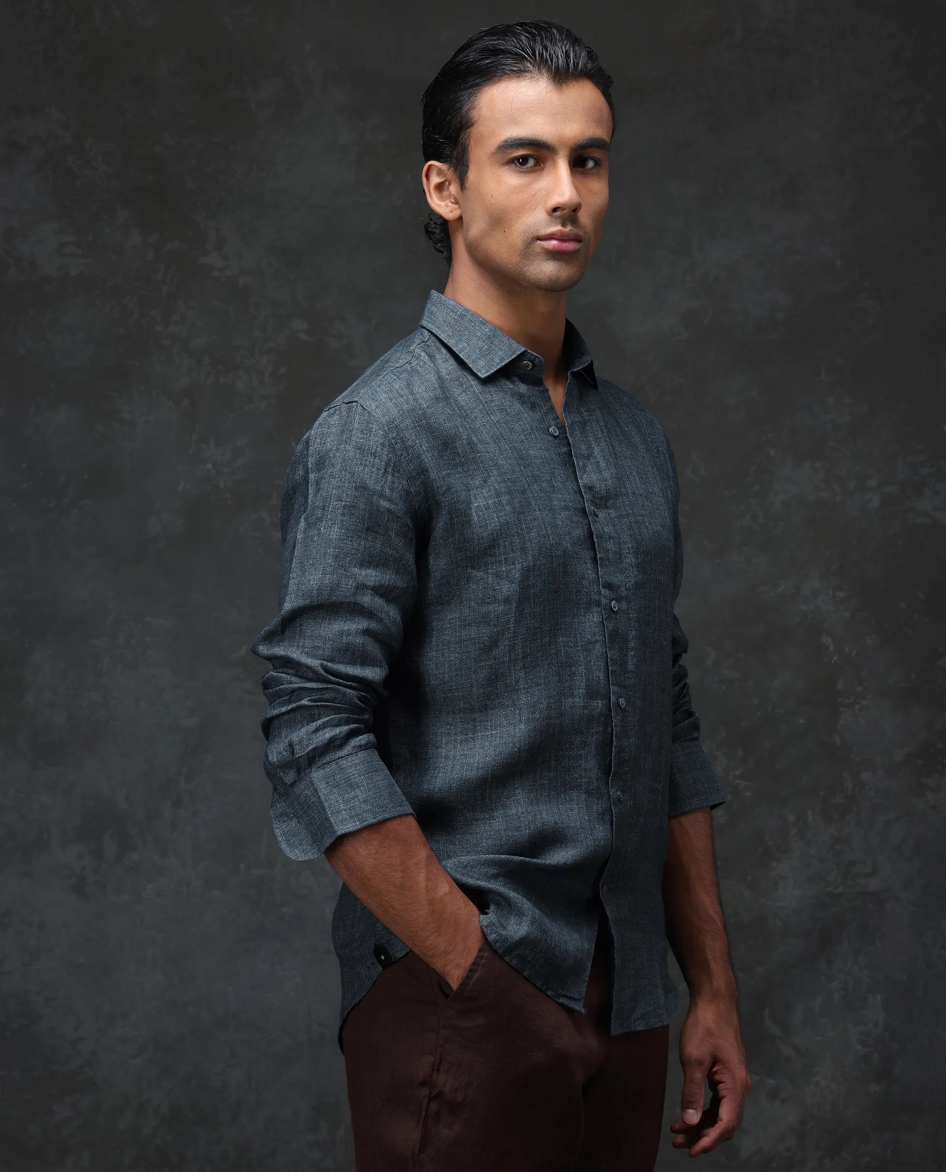 Rare Rabbit Men's Borium Green 100% Linen Plain Regular Fit Full Sleeve Collared Shirt