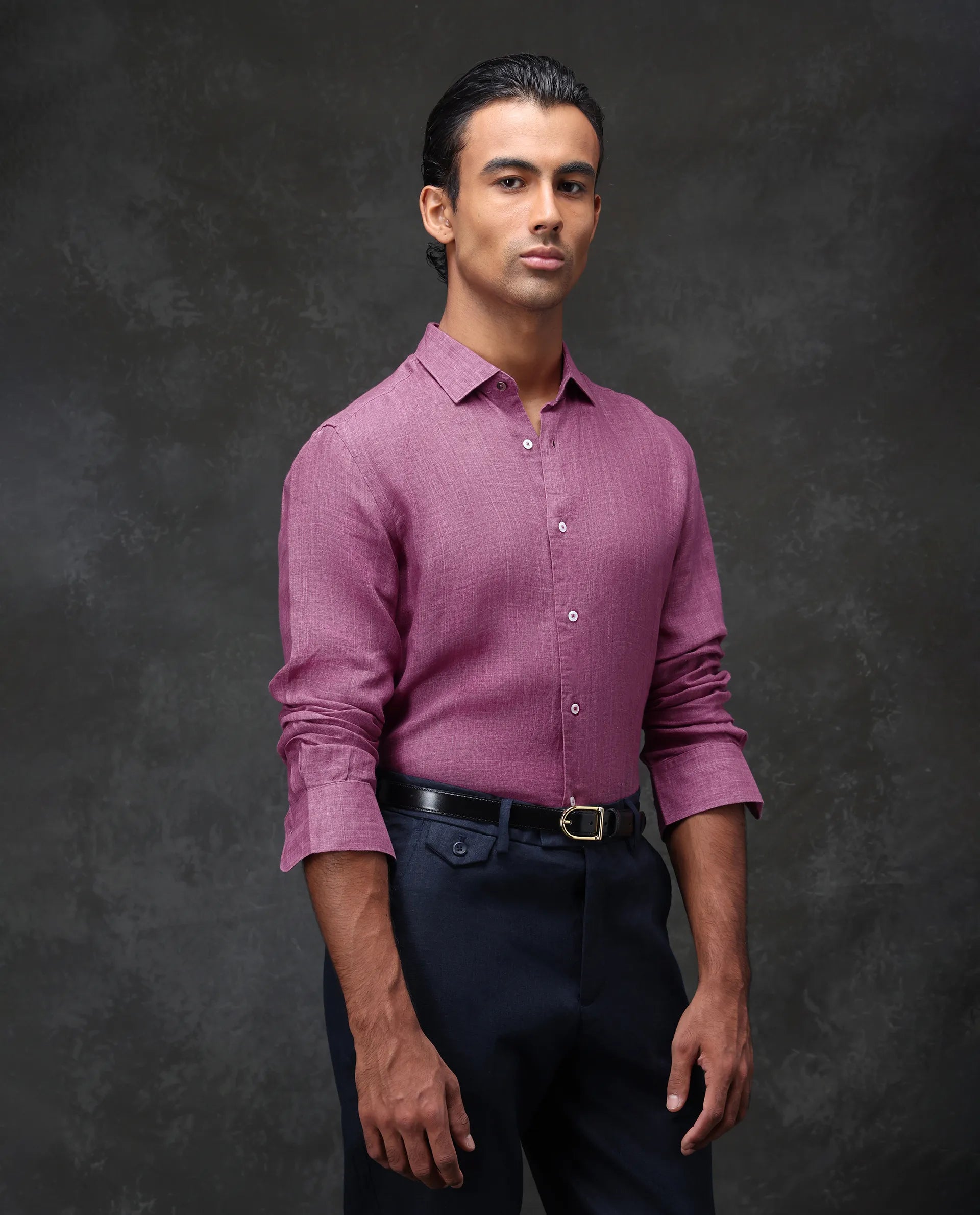 Rare Rabbit Men's Borium Dark Pink 100% Linen Plain Regular Fit Full Sleeve Collared Shirt