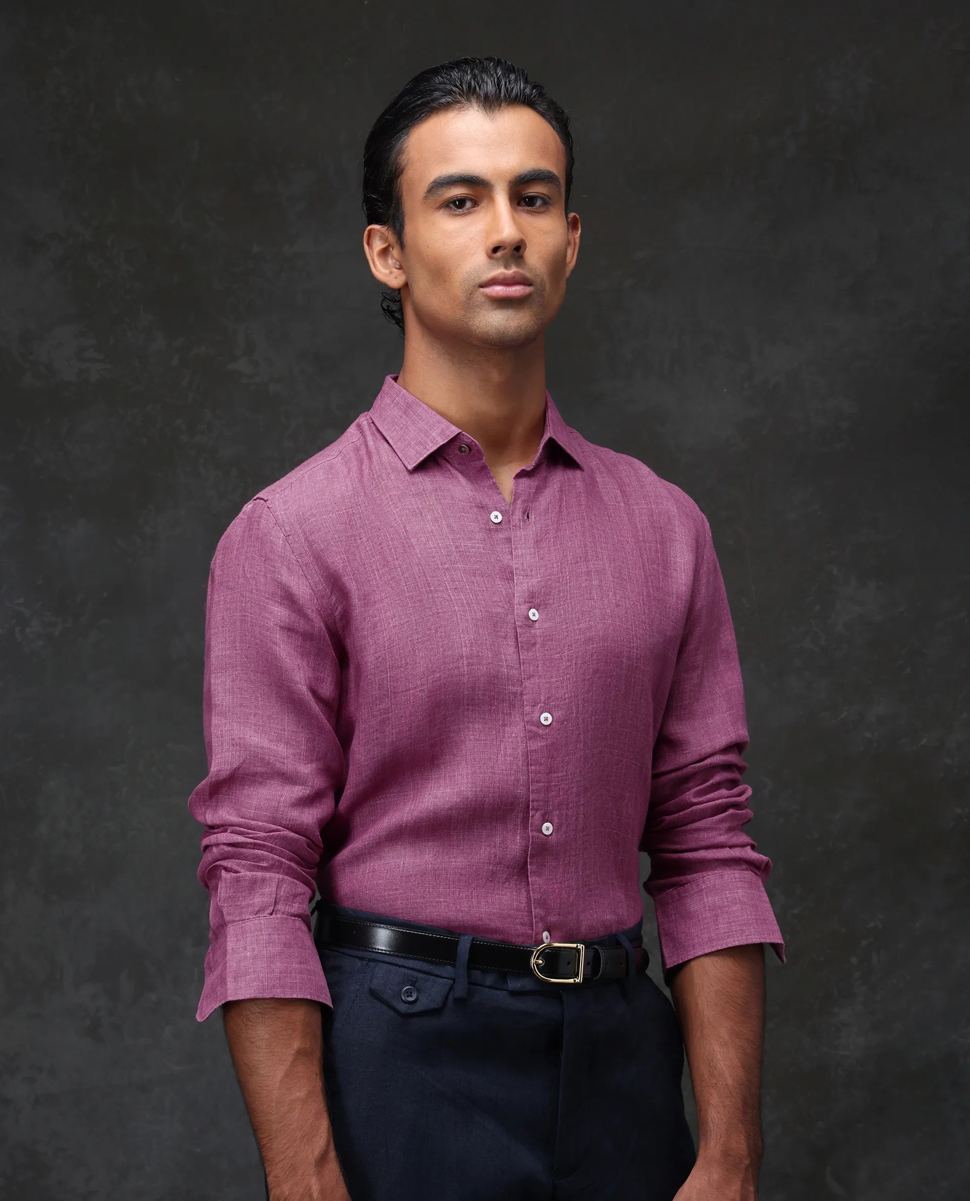 Rare Rabbit Men's Borium Dark Pink 100% Linen Plain Regular Fit Full Sleeve Collared Shirt